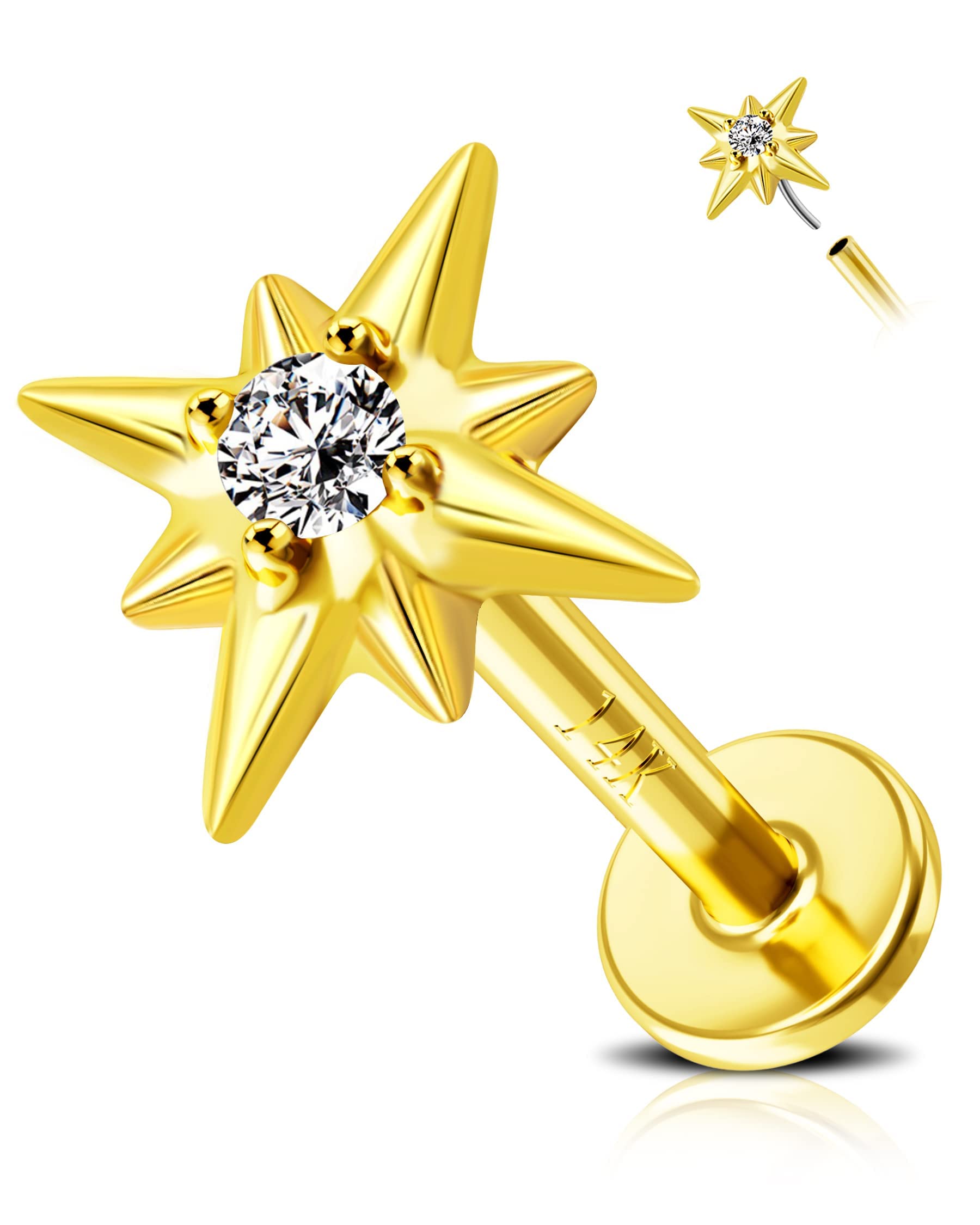 Melighting 16G Flat Back Helix Earring 14ct Gold Threadless Push-in Labret Stud Gold Tragus Earring Conch Stud Helix Piercing Jewelry Stud Earring for Women Girls