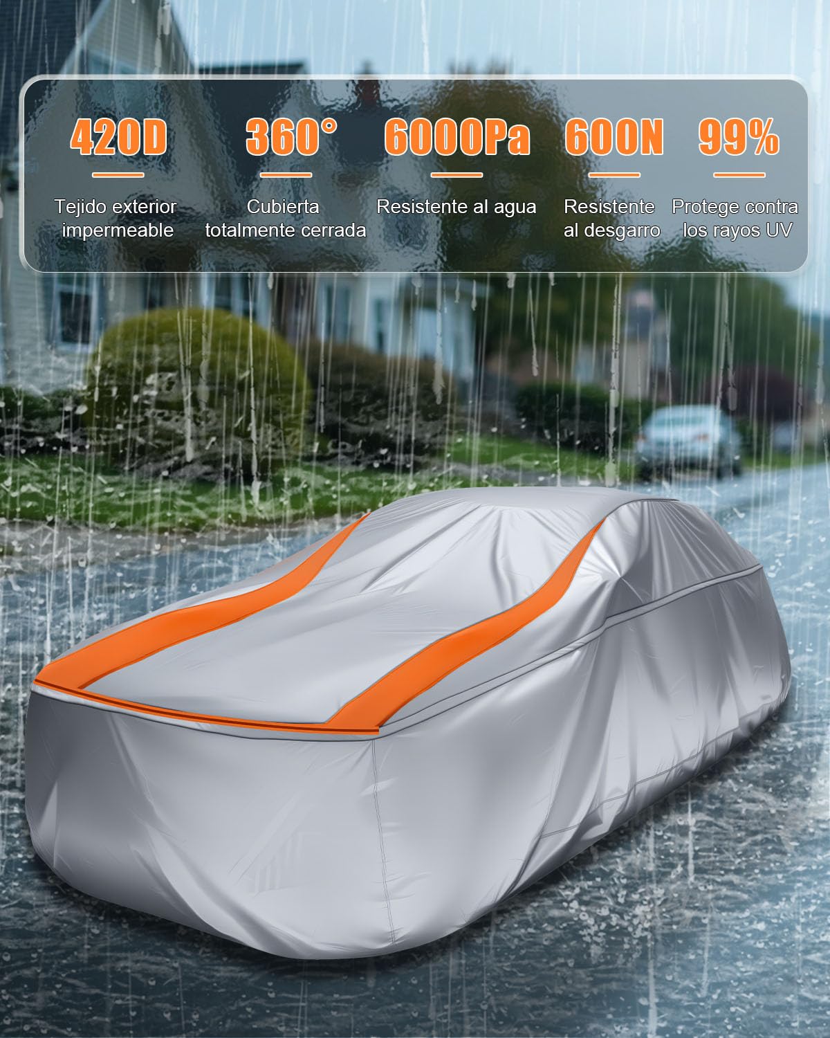 Funda Coche Exterior Totalmente Cerrada para Longitud 385-415cm, Impermeable Protección UV Antipolvo y Rasguño para Sedán Hatchback