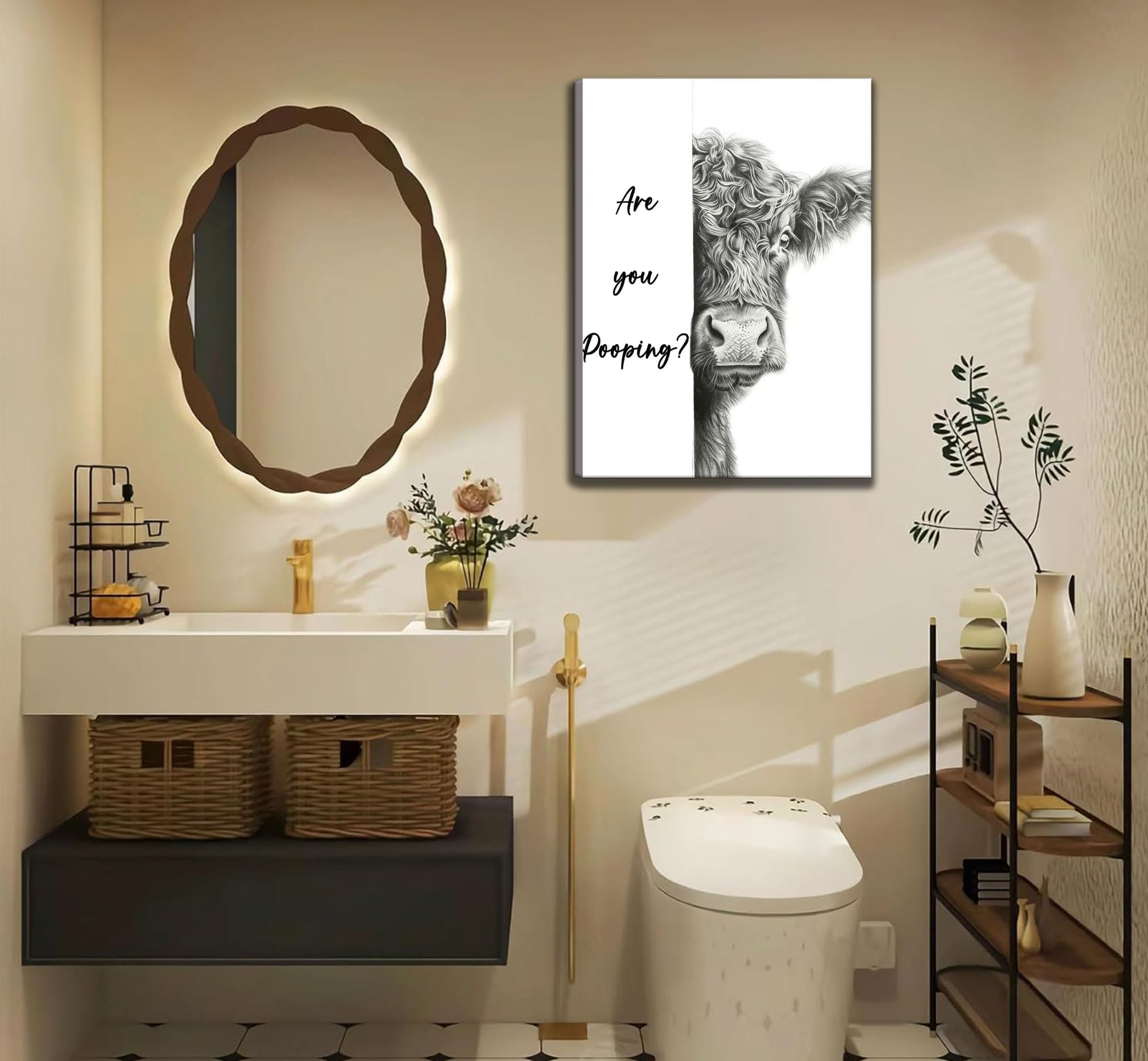 funny highland cow bathroom canvas wall art cute animal are you pooping painting picture wall decor black white animal bathroom poster print artwork for bedroom toilet home decoration