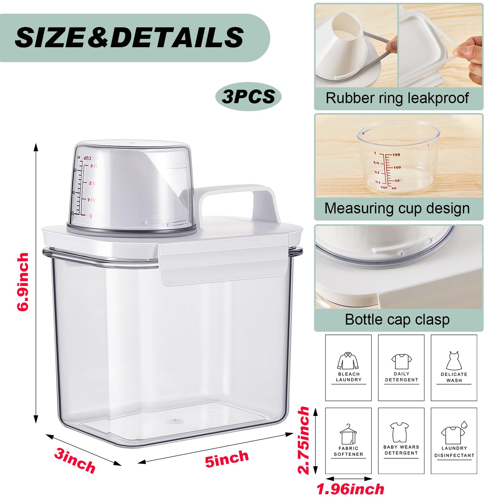 Paquete de 3 recipientes de detergente para lavandería, dispensador de jabón líquido con calcomanías, dispensador de suavizante de tela, contenedor de polvo de lavandería de plástico para comida de