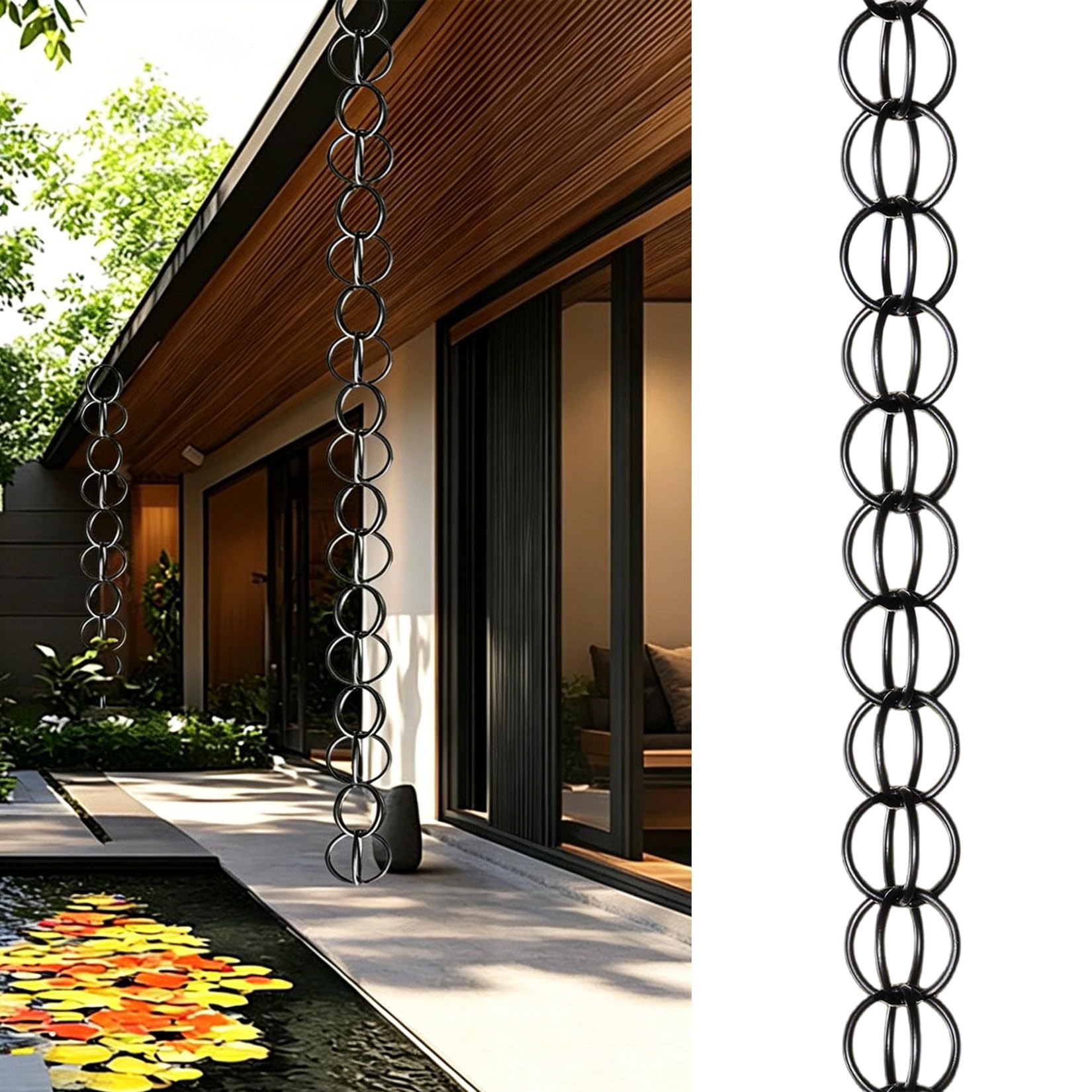 UZAMIRLEX Rain Chain, Japanese Double-Ring Outdoor Rain Chain For Gutter Downspout, Black, Multiple Sizes(4.5m(14.8ft))