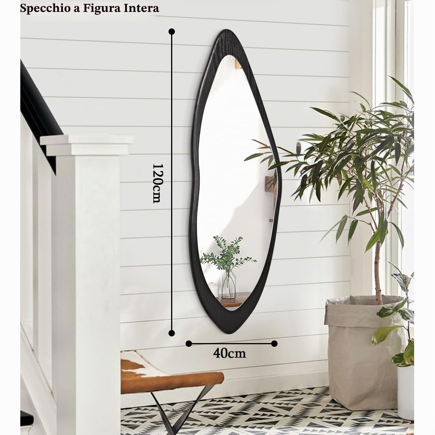 AAZZKANG Specchio da Parete Irregolare a Figura Intera Grande con Cornice in Legno 120x40cm Nero Asimmetrico a Figura Intera per Camera da Letto Soggiorno Ingresso