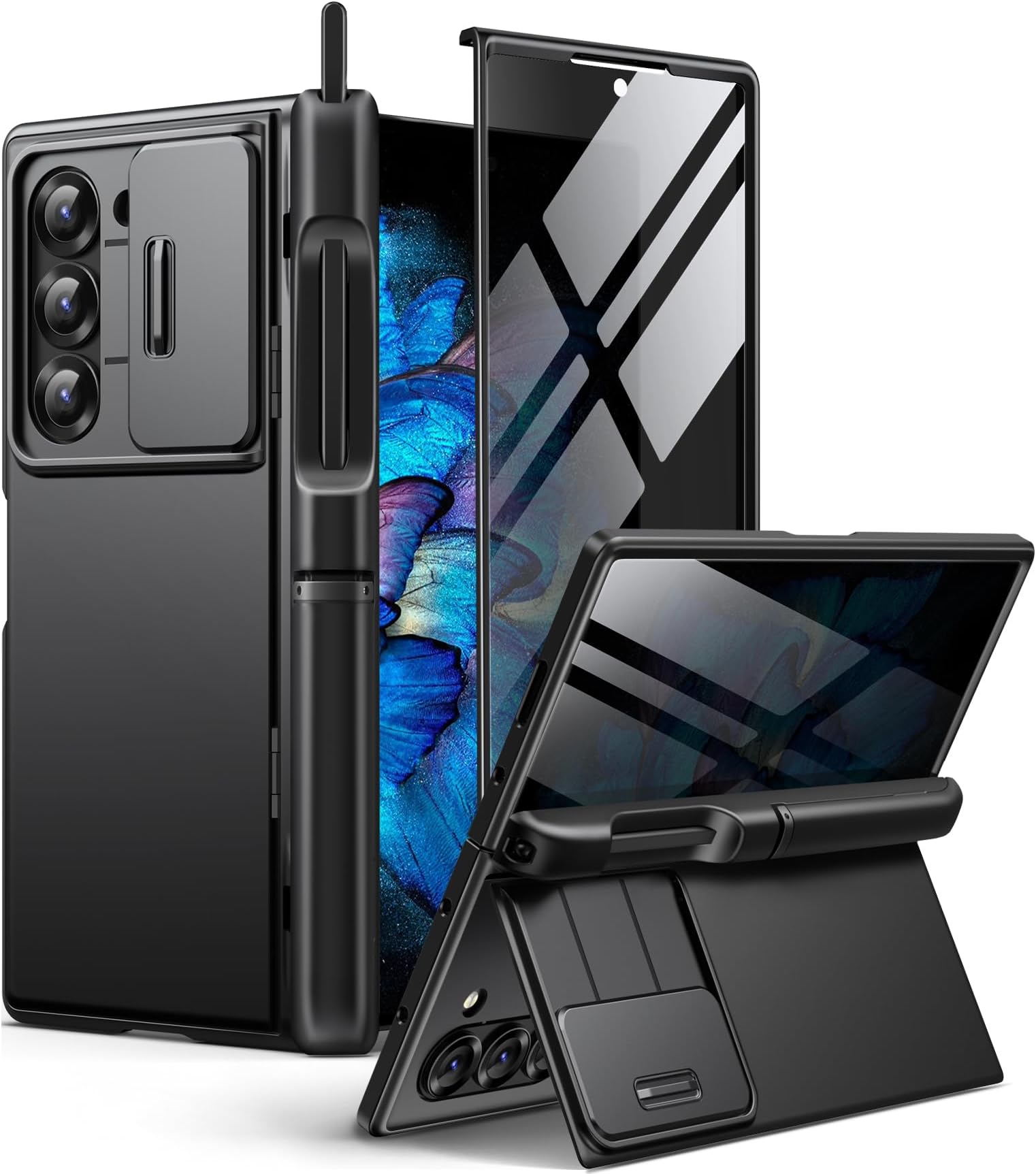 BERFY for Z Fold 6 Case with Screen Protector, Built-in S Pen Holder, Slide Camera Cover, Hidden Kickstand, Full Body Shockproof Slim Phone Case for Samsung Galaxy Z Fold 6, Privacy Black