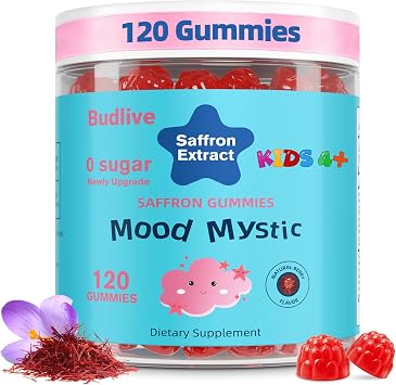 Mood Mystic Saffron Gummies for Kids 4+,Saffron Extract Supplements | with GABA, Focus Calming Gummies Supports Happy & Cognition, Sugar Free Raspberry, 120 Counts