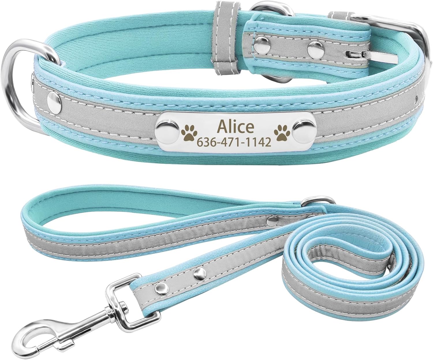 Personalized Neoprene Padded Reflective Dog Collar and Leash Set,Custom Engraved Dog Collar with Name Plate for Small Medium Large Dogs (XL,Blue Set)
