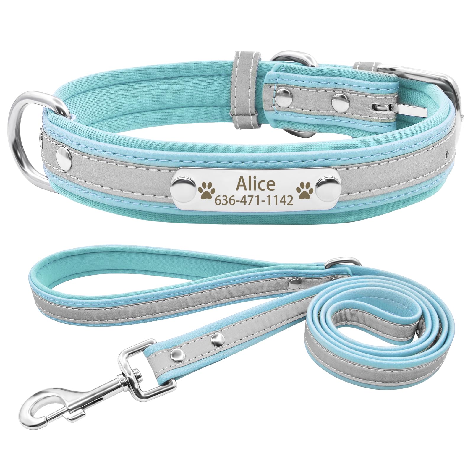 Senristar Personalized Neoprene Padded Reflective Dog Collar And Leash Set,Custom Engraved Dog Collar With Name Plate For Small Medium Large Dogs (M,Purple Set