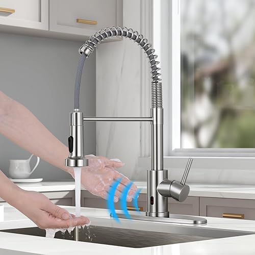 Miniatura 2 de DJS Grifos de cocina con rociador desplegable de níquel cepillado  Sin contactoGrifo de fregadero de cocina de resorte de 1 o 3 agujeros con placa