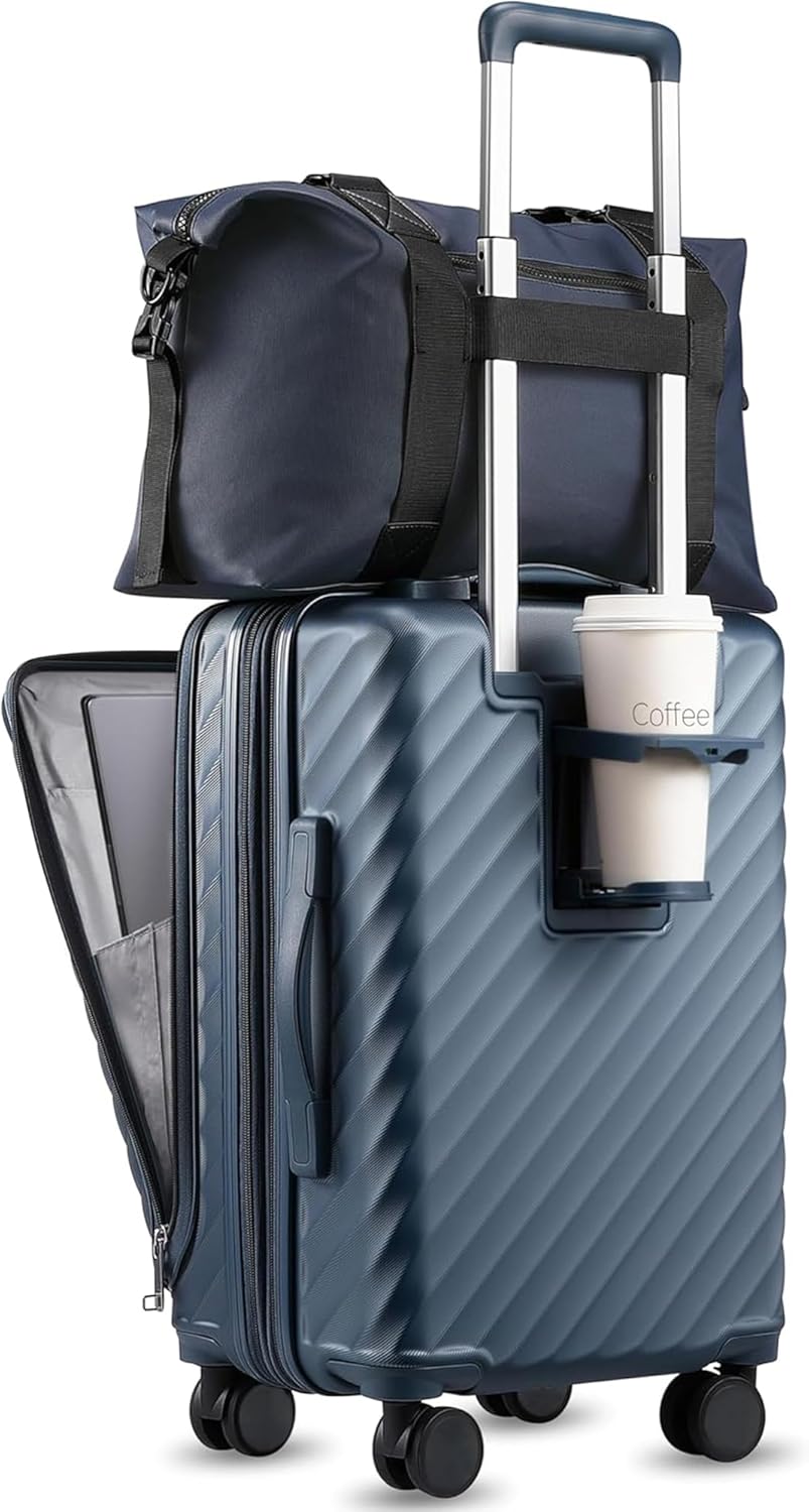 Carry On Luggage with Front Compartment and Cup Holder, KVF Expandable PC Hard Shell Suitcase with Front Pocket (FX-Plus, Midnight Blue, 2-Piece (20/Tote)) Midnight Blue 2-Piece Set (20/Tote)