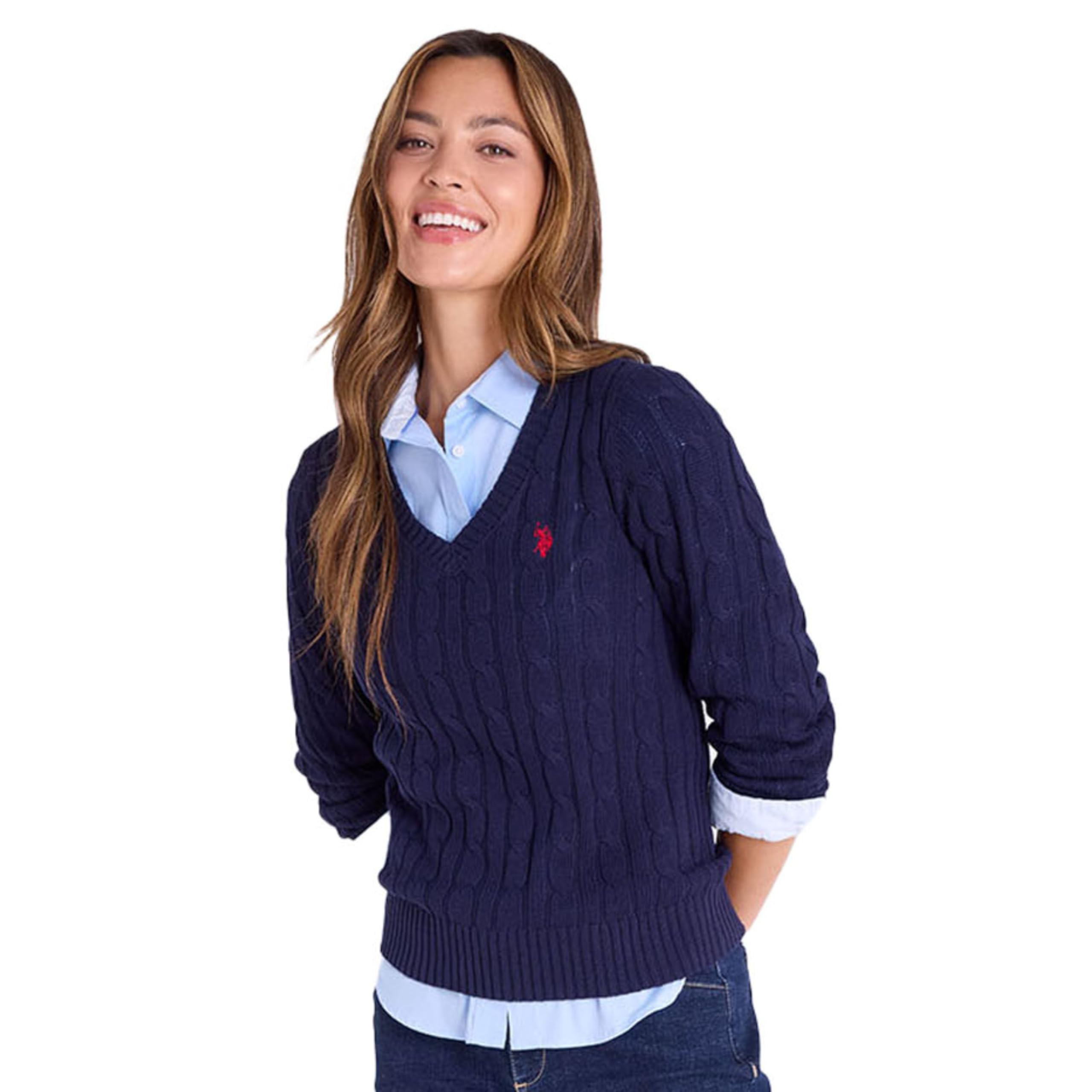 Women's Cable Sweater - Soft Knit, Embroidered Pony Logo, Ribbed Trims, Casual Cozy Pullover