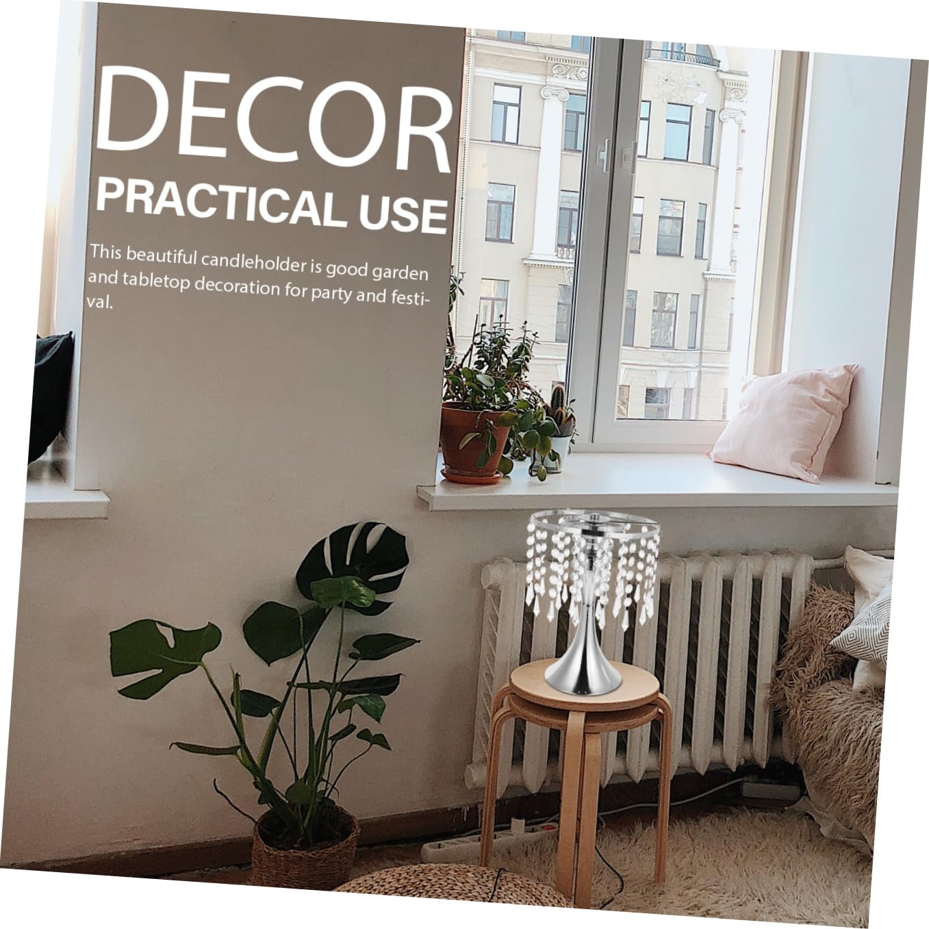 Candelabro de Hierro y Plástico para Boda, Plata, Diseño de Cortina Cristal | Decoración de Fiesta y Obsequio, Estilo Creativo y Chic, Aporta Ambiente Cálido