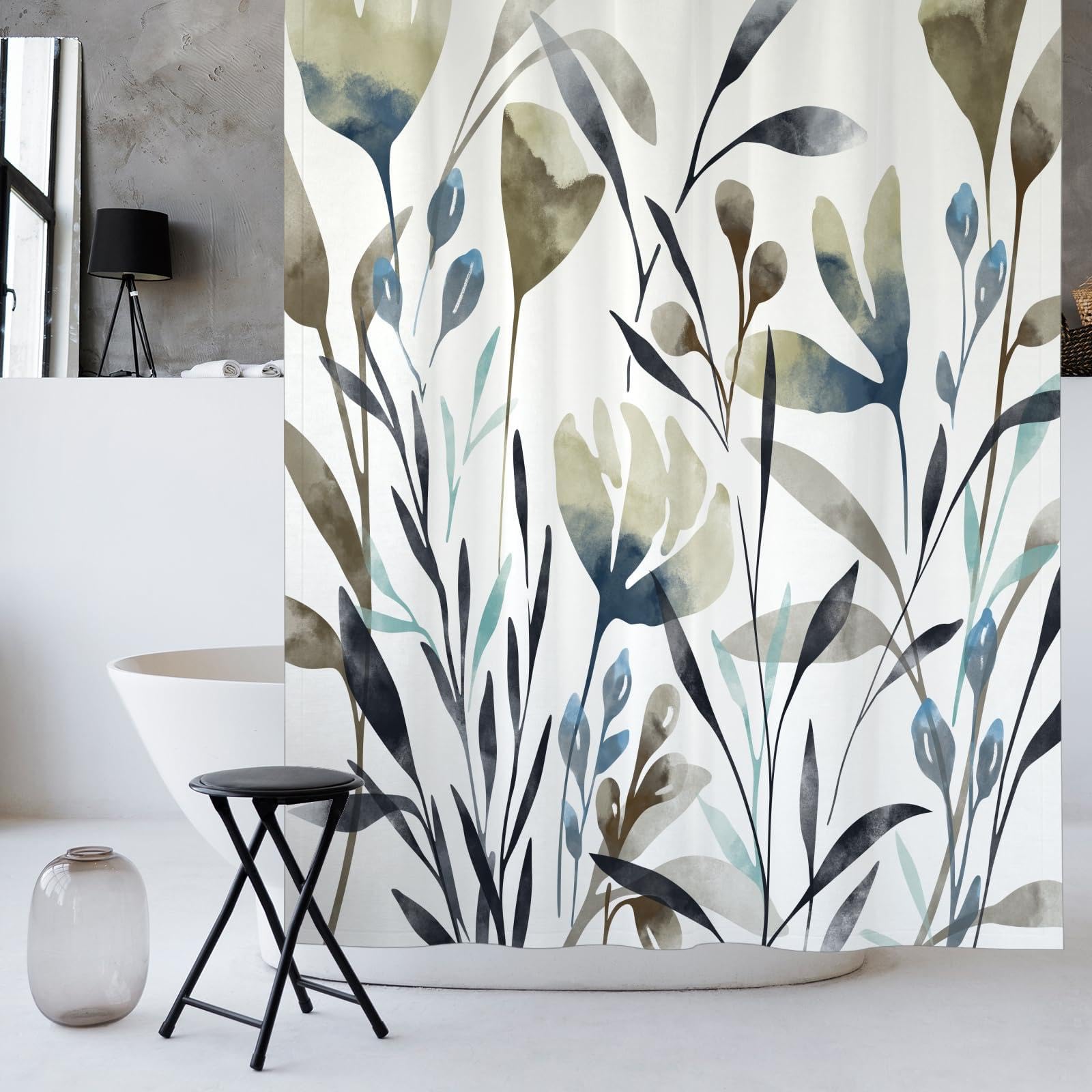 UIYIUI Calm Floral Shower Curtain for Bathroom Decor 72x72in/183x183cm Modern Watercolor Botanical Plants Bathroom Curtain Bathtub Home Decor, Beige Indigo Blue Gray White Waterproof Fabric