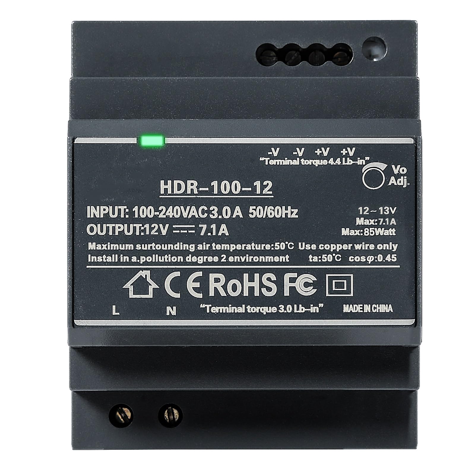 DEWIN Fuente de Alimentación DIN DC 12V 7.1A 100W Transformador 220v a 12v para montaje en carril DIN, Entrada de CA 100V-240V, Salida de CC 12V, HDR-100-12