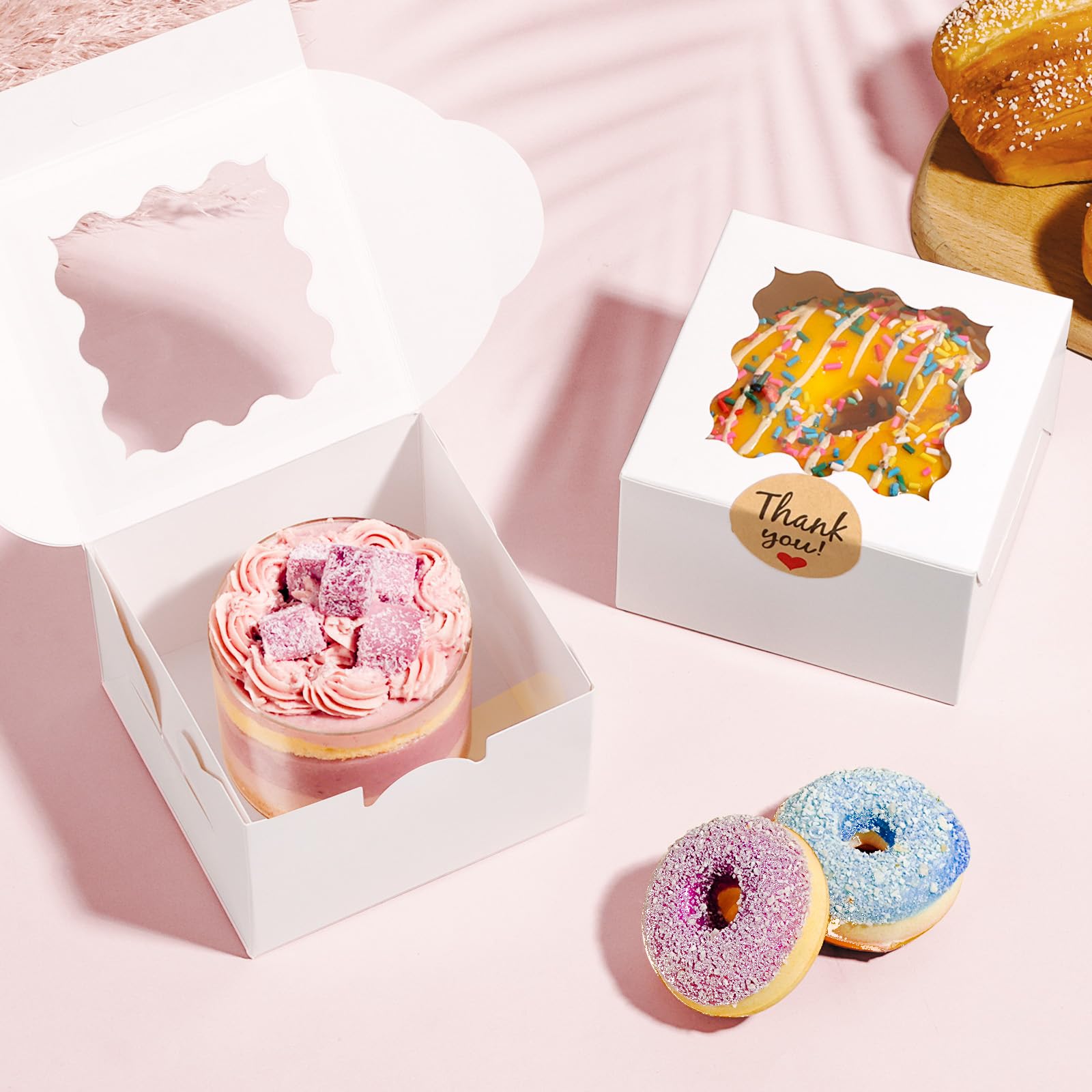 26pcs White Cookie Boxes with Window, 4x4x2.5 Inches Small Bakery Boxes with 36pcs Stickers, for Mini Cake Cookies Treat Dessert Pastry Donuts Macaroon Strawberries Chocolate Cupcakes Candy