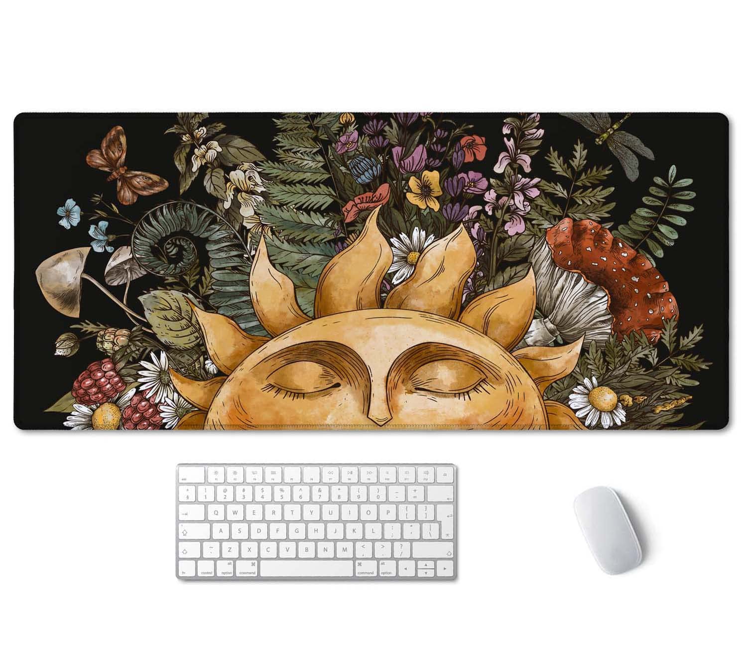 SSOIU Vintage Sun with Woodland Treasures, Amanita Mushroom, Fern, Forest Plants Sun Forest Woodland Nature Mushroom Wild Foraging Green Witch Desk