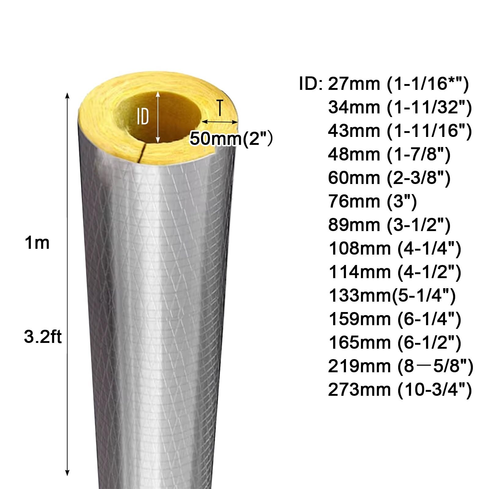Tubo de Aislamiento de Tuberías Tubo Aislante de Lana de Vidrio Se Puede Cortar a Cualquier Medida para Fontanería y Calefacción(ID 3-1/2" x T 2" x L 3.3ft)