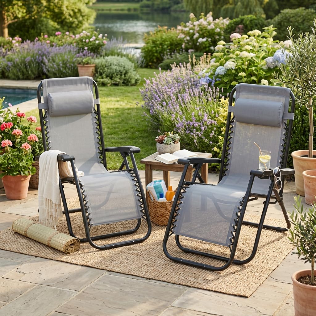 MAKA |SET X2 | Sdraio da Giardino, Sedia Sdraio da Esterno Pieghevole, Lettino Prendisole da Giardino, Sedia da Spiaggia Pieghevole Portatile, Telaio Acciaio, Braccioli PVC, Tessuto Rete (Grigio)