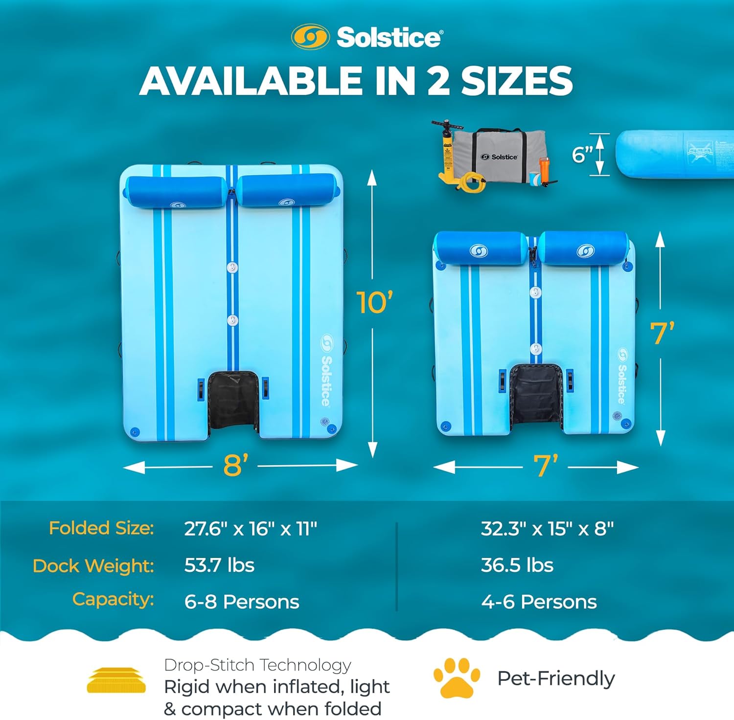 SOLSTICE Party Plank 6-8 Person Rise Inflatable Dock, Floating Water Raft Platform, 10ft x 8ft - Outdoor Fun for Lake, River, Swimming Pool & Beach, Includes Backrests, Threaded Ports, & Carry Bag