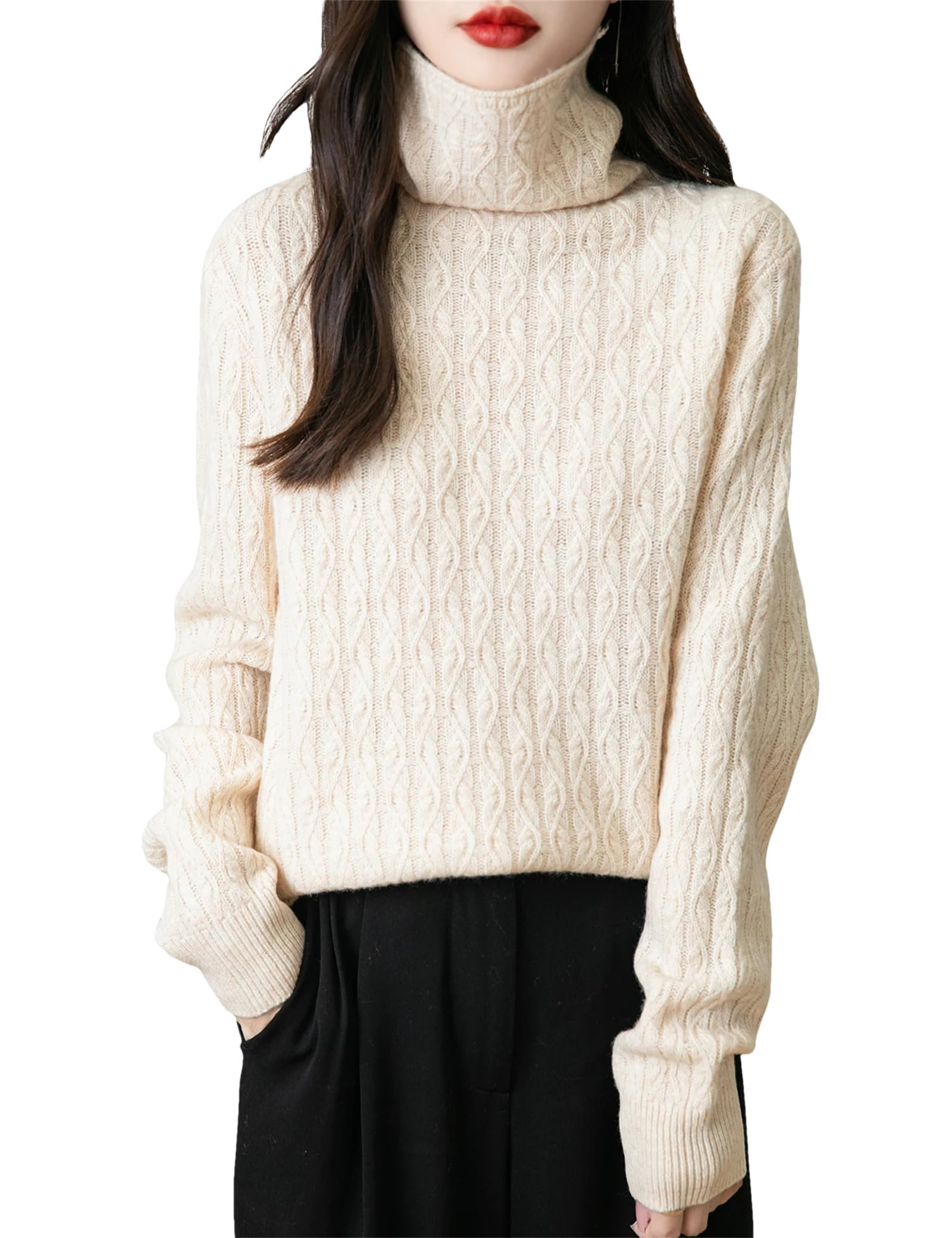 Maglione a collo alto da donna Top Inverno a maniche lunghe Pullover Vintage Knit Maglioni Abbigliamento Femminile