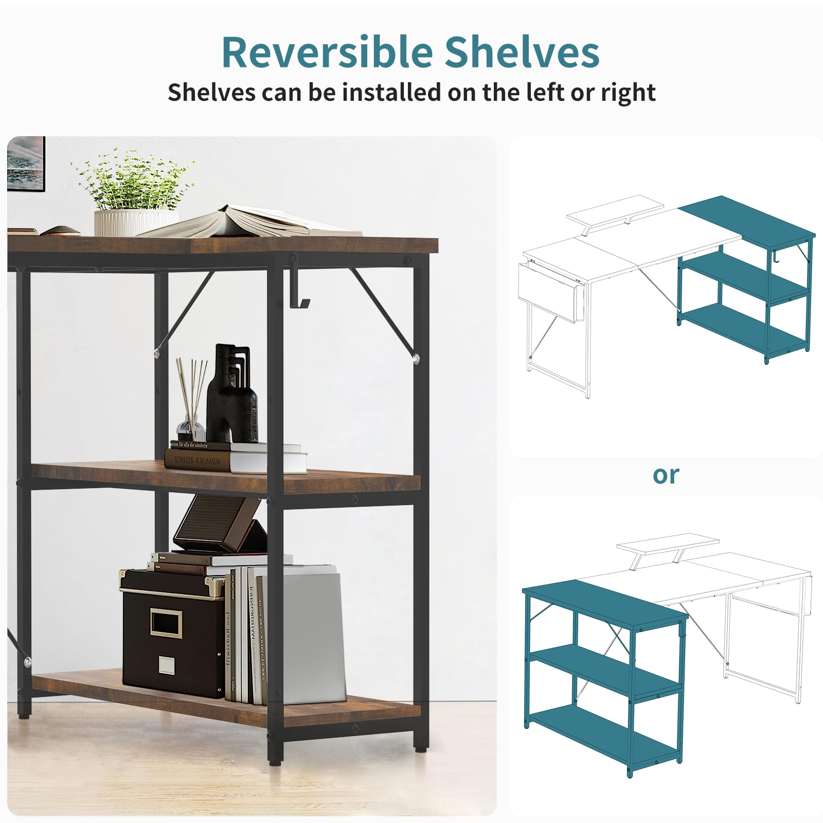 TRIUMPHKEY Scrivania ad Angolo Reversibile 160 x 80cm, Scrivania a Forma di L con Ripiani,Tavolo da Lavoro,Struttura in Acciaio, per Computer, Ufficio, Studio and Soggiorno, Marrone rustico