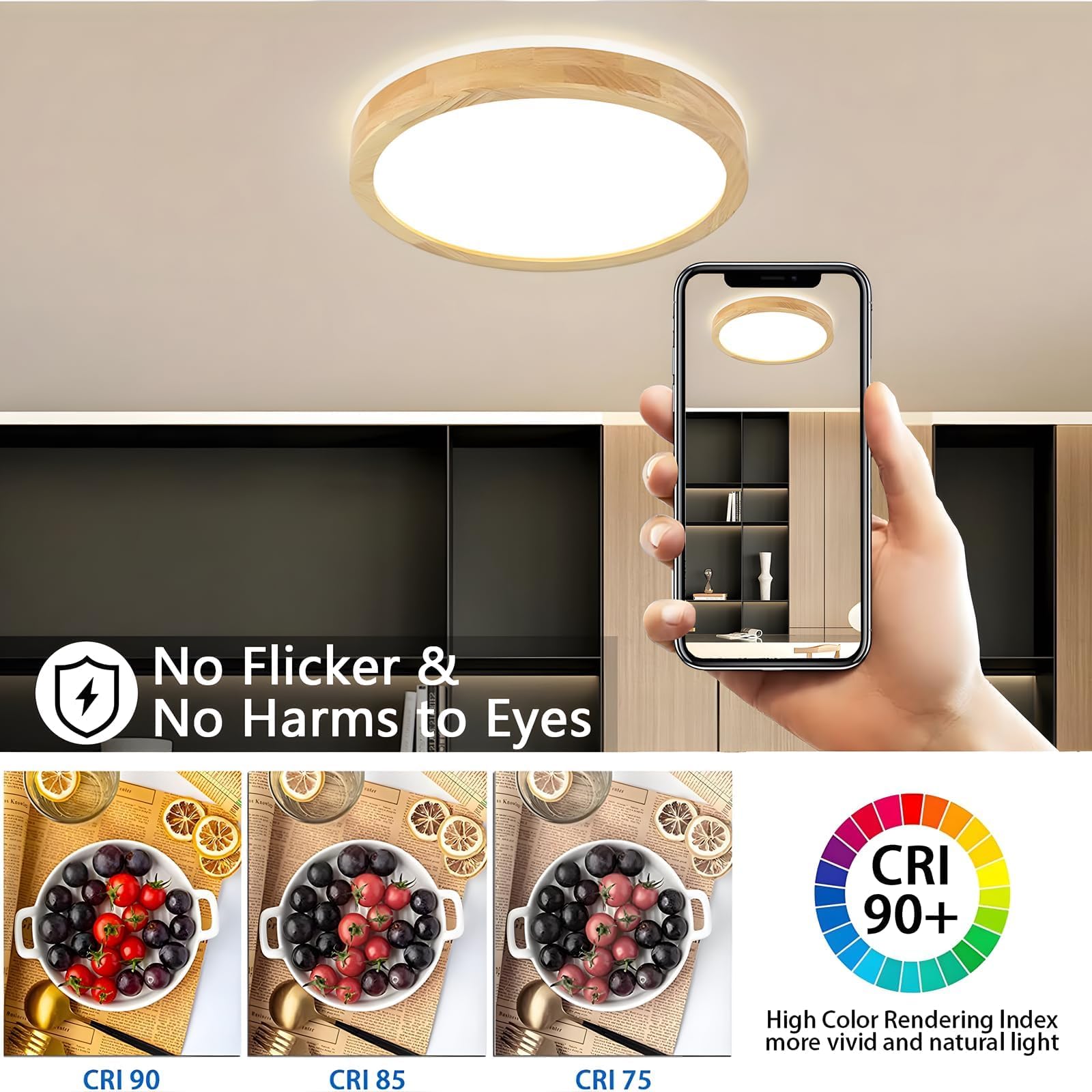 Lampa sufitowa LED jasnego drewna, górna 360° świecąca okrągła lampa naturalnego drewna 3000K Ciepła Biel 18W 1600lm Pokój dzienny, kuchnia jadalnia przedpokój dom biuro pokój dziecięcy(Ø30cm)