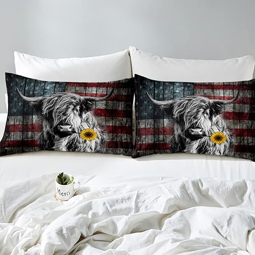Miniatura 5 de Feelyou Juego de ropa de cama de ganado de las tierras altas, girasol, vaca, juego de funda de edredón para niños y niñas, bandera de Estados