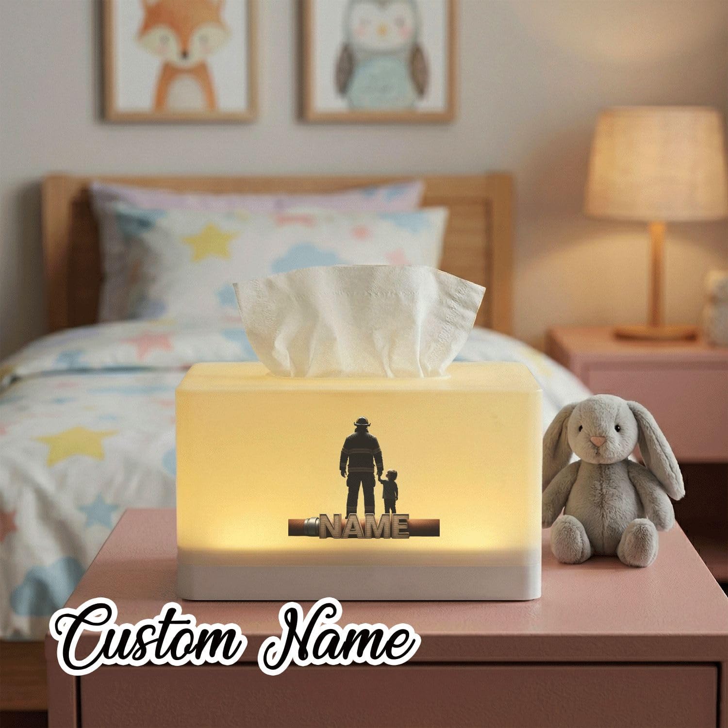 Personalized Firefighter Tissue Box Cover with LED Night Light, USB-C Rechargeable Lamp, Custom Name Decor for Home, Office, Bedroom image 3