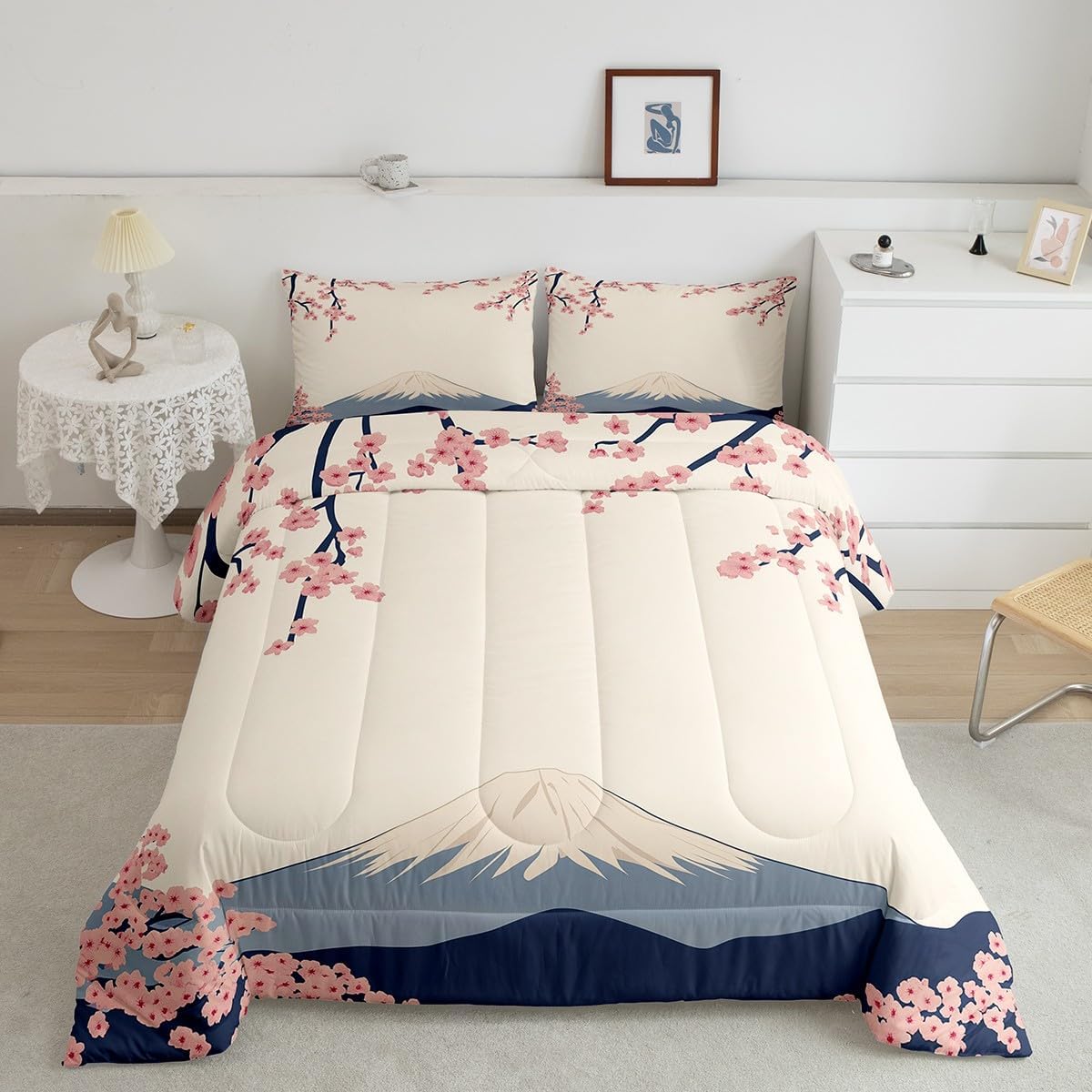 Feelyou Kids Cherry Blossoms Comforter Set Queen Size Boys Girls Japanese Style Comforter Sakura Flower Bedding Set Spring Floral Botanical Quilt Set