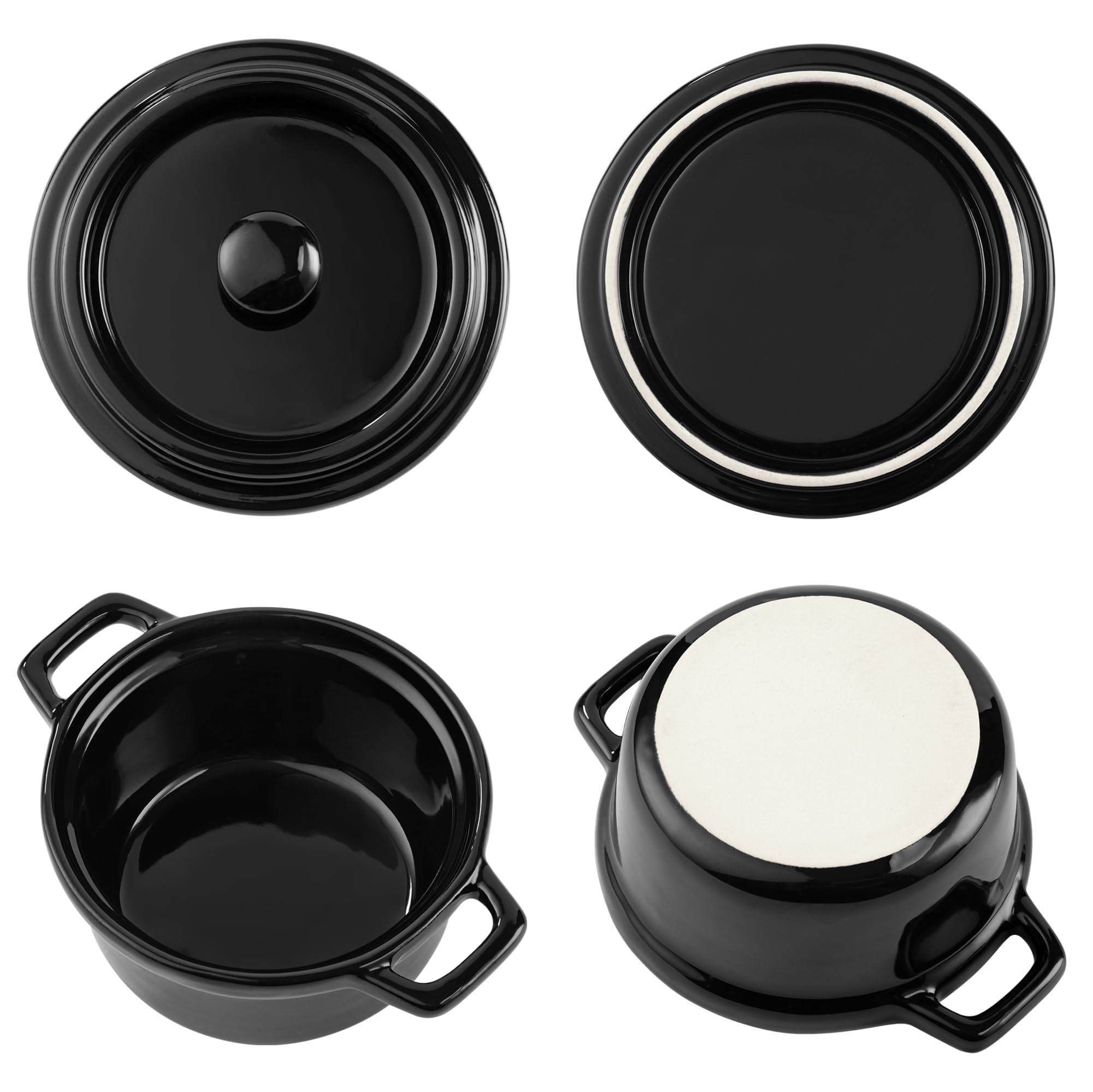 Navaris Mini Cazuelas de Cocina - 4x Cacerola Horno con Tapa de Cerámica - Cazuelitas Individuales 14 x 11 x 7 cm - Cacerolas para Lasagna Postres Sopas - 4x Cazuela Cocotte Negra