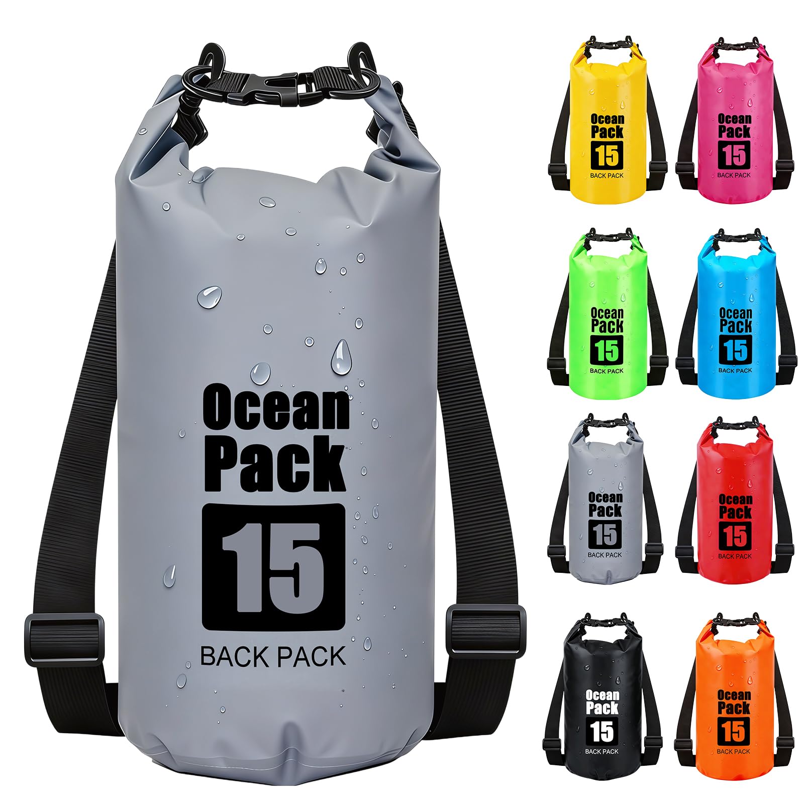 RONGZUBAT 15L Large Waterproof Dry Bag with Shoulder Strap, Roll Top Dry Sack for Outdoor Gear, Waterproof Bag for Kayaking, Boating, Paddle Boarding, Camping, Beach, Fishing and Travel - Grey