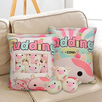 HXPLN Cute Snack Pillow, Kawaii Pudding Plush Pillow & Stufed Toys - Removable, Gift for Teenagers, Girls & Children (6 Colorful Cow)