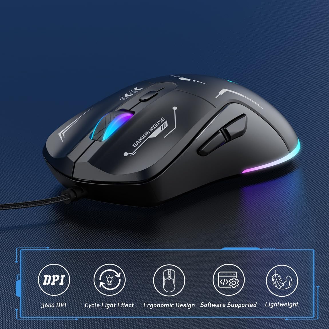 Wired Gaming Mouse, PC Computer Mice USB Mouse with RGB Modes, 4 Adjustable DPI Up to 3600, 6 Buttons Ergonomic Optical Mouse for Windows PC Mac Laptop Gamer