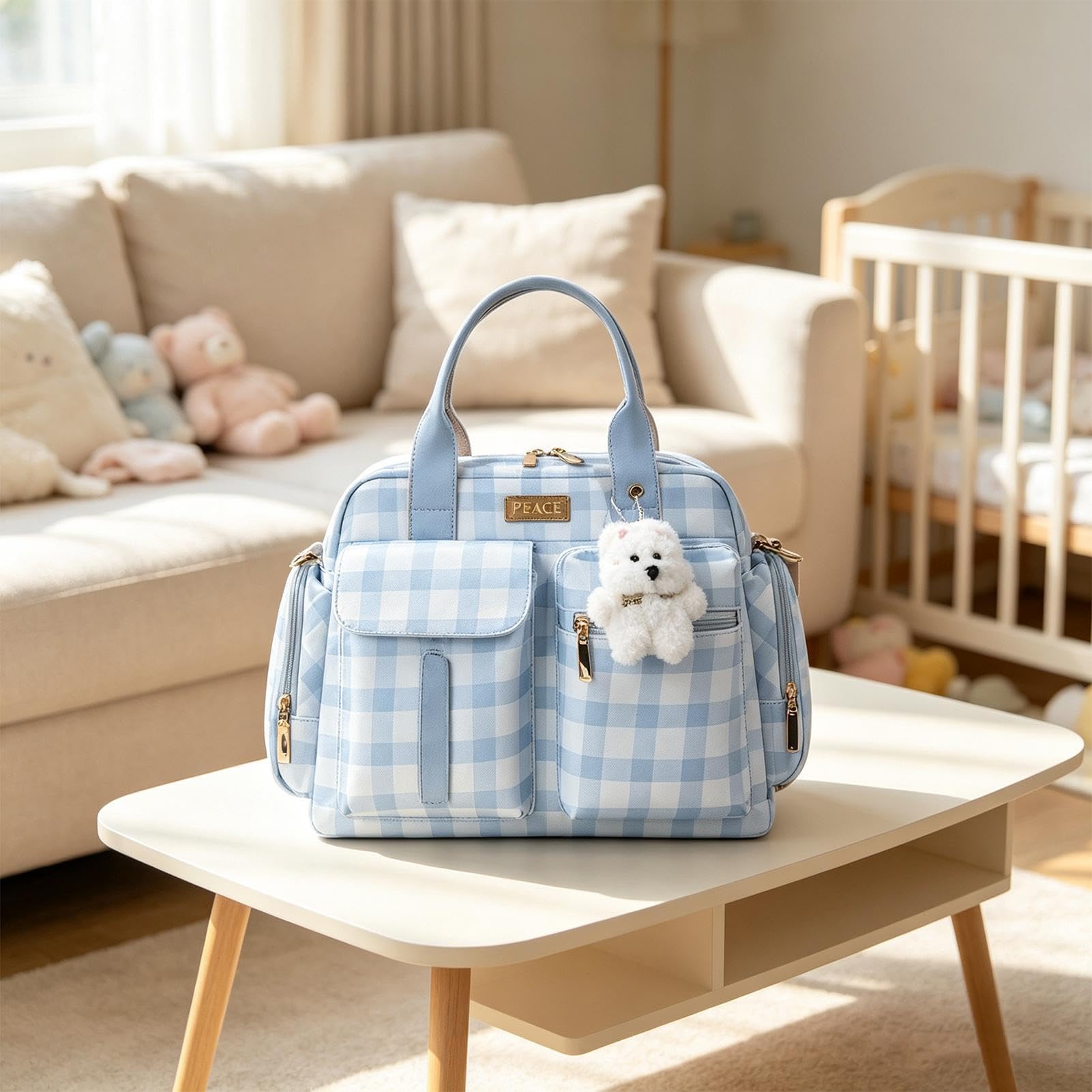 Torba Tote na Pieluchy z uchwytem Mała Stylowa Torebka Ramieniowa w Kratę
