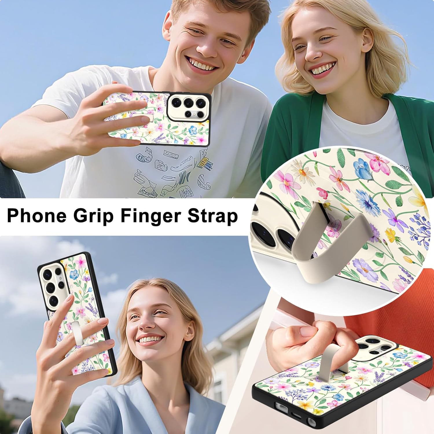 Fiyart Designed for Samsung Galaxy S25 Ultra Case Cute Floral Flowers Hidden Finger Strap Phone Grip Kickstand for Women Girls,Compatible with MagSafe TPU Hard PC Shockproof 6.9"-White