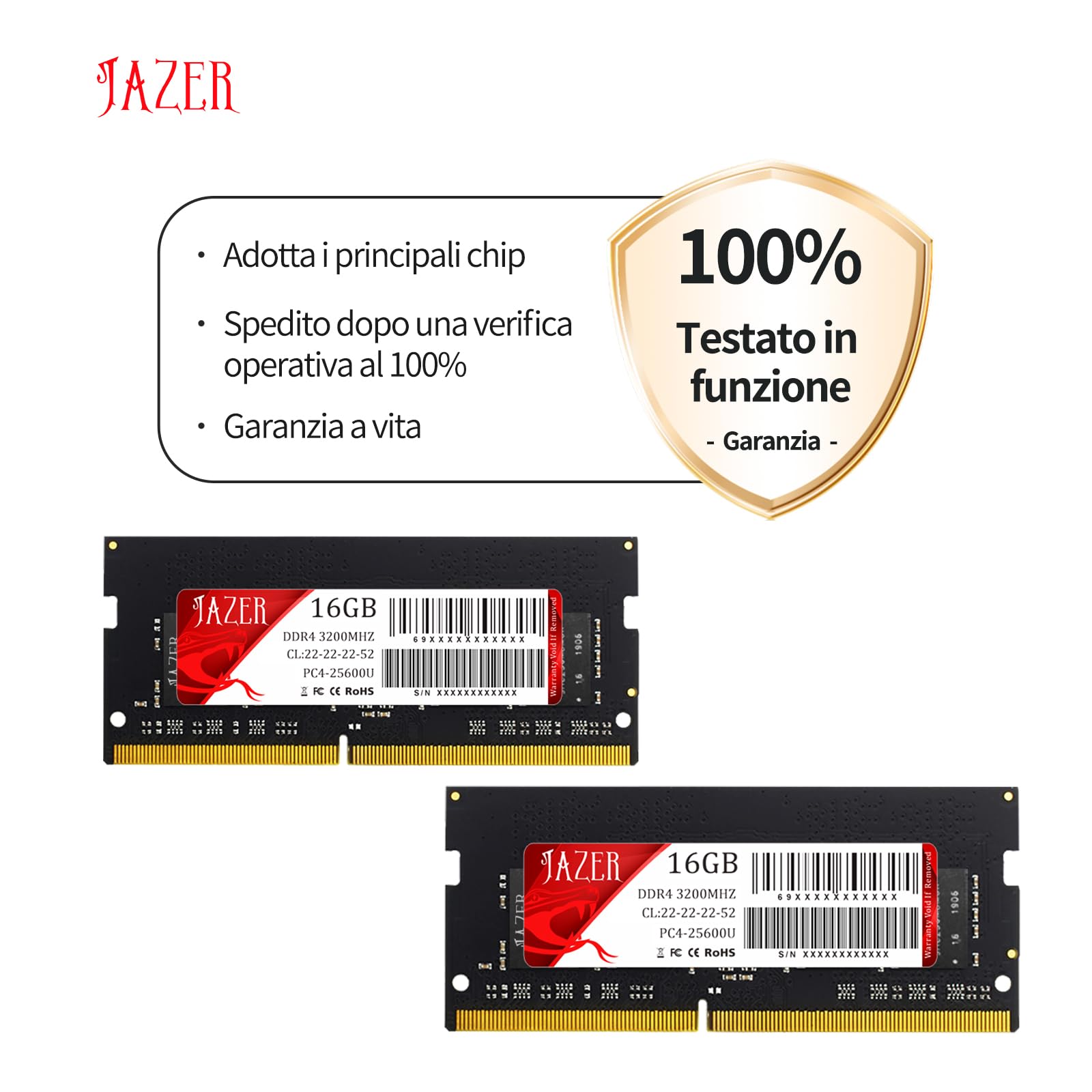 JAZER RAM 32GB Kit (2x16GB) DDR4 3200MHz SODIMM CL22 di Memoria per Laptop/Mini PC, Memoria per Computer ad alte Prestazioni