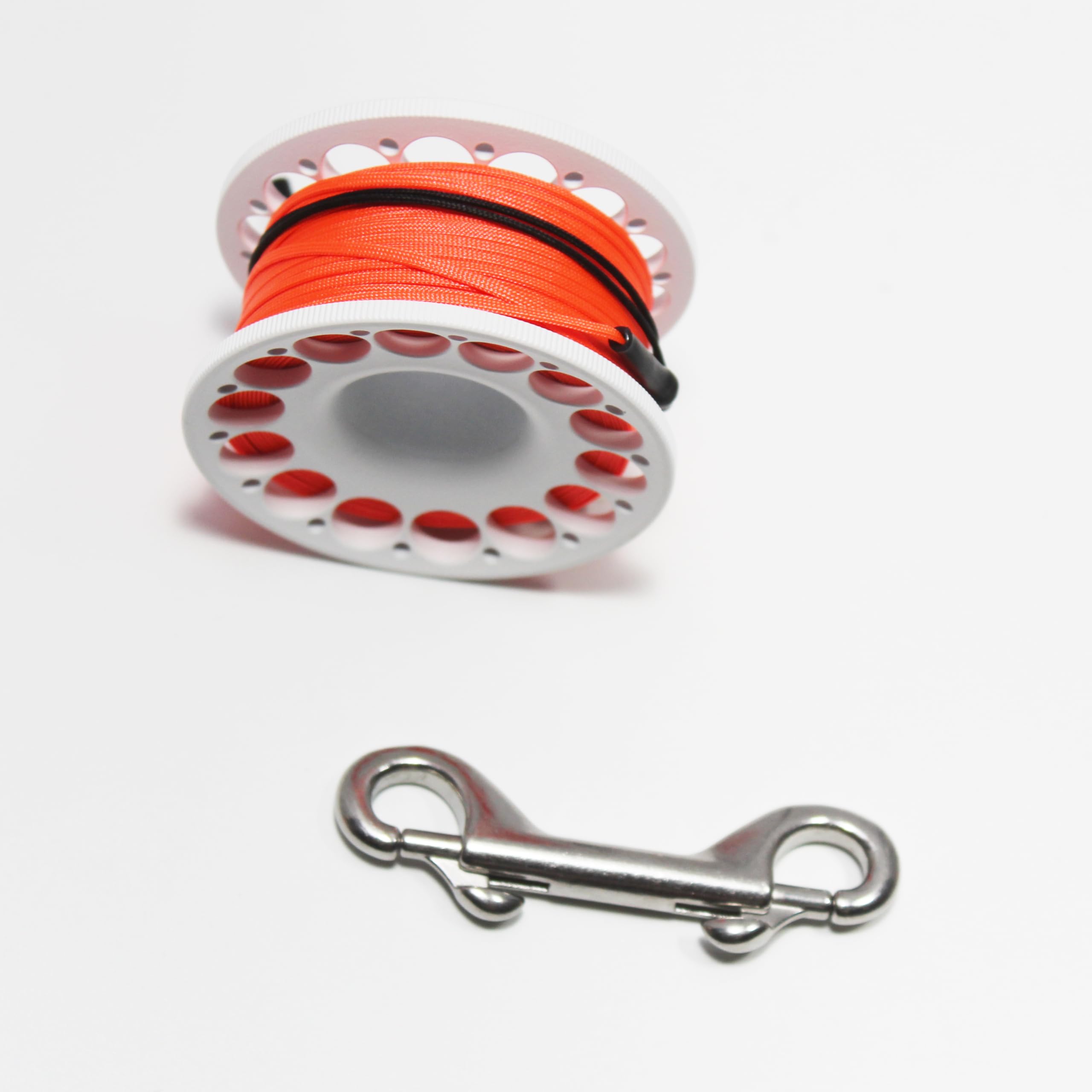 DIVETEC 98FT SCUBA DIVING REEL – Aluminum Spool with Dual-Ended Snap, Vibrant Orange Anti-Twist Nylon Line, Large Center Opening & Hanging Buckle for Wreck/Reef Diving (WHITE)