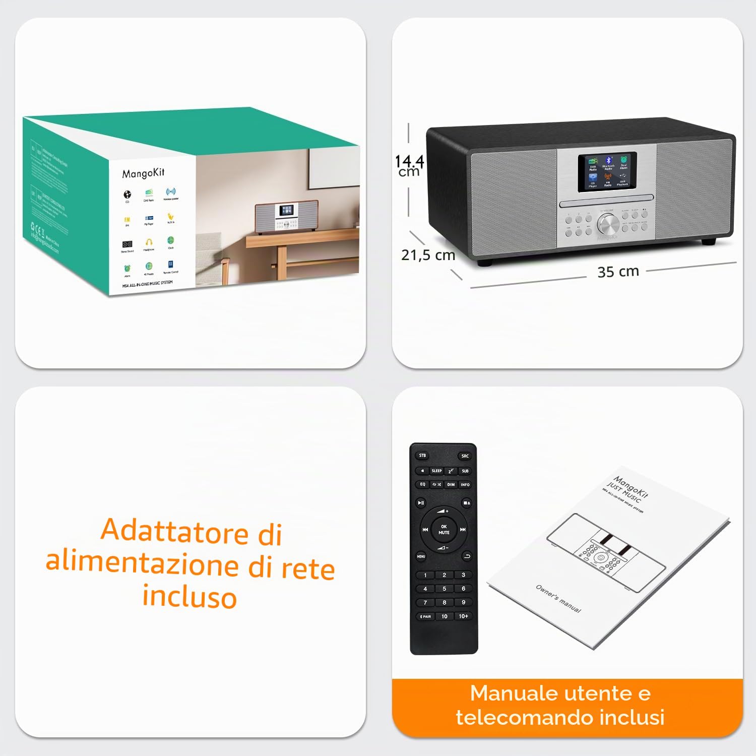 MS4 CD Player DAB Radio Hifi Sistema I Bluetooth I Potente Sistema Stereo I Digital Radio Dab+I Acustic Wood Mabiet I CD Player con 40 Preset, Jack per Cuffie,Metallico Nero