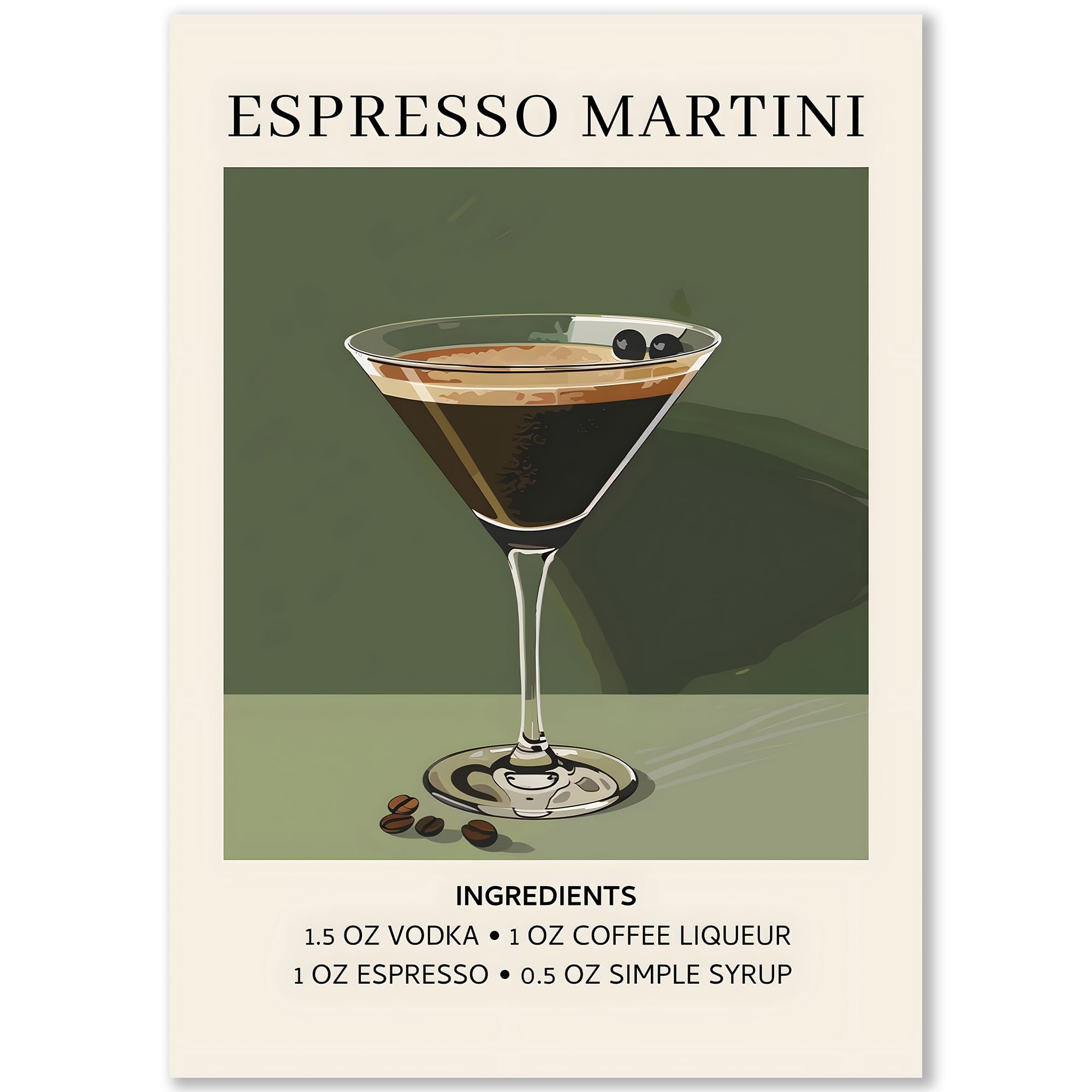 Happymotive – Póster de Martini de Espresso | Póster de cóctel con receta e ingredientes | Moderna decoración de pared para bar, cocina y salón | Impresión premium en papel de 300 g | DIN A2, A3 y A4