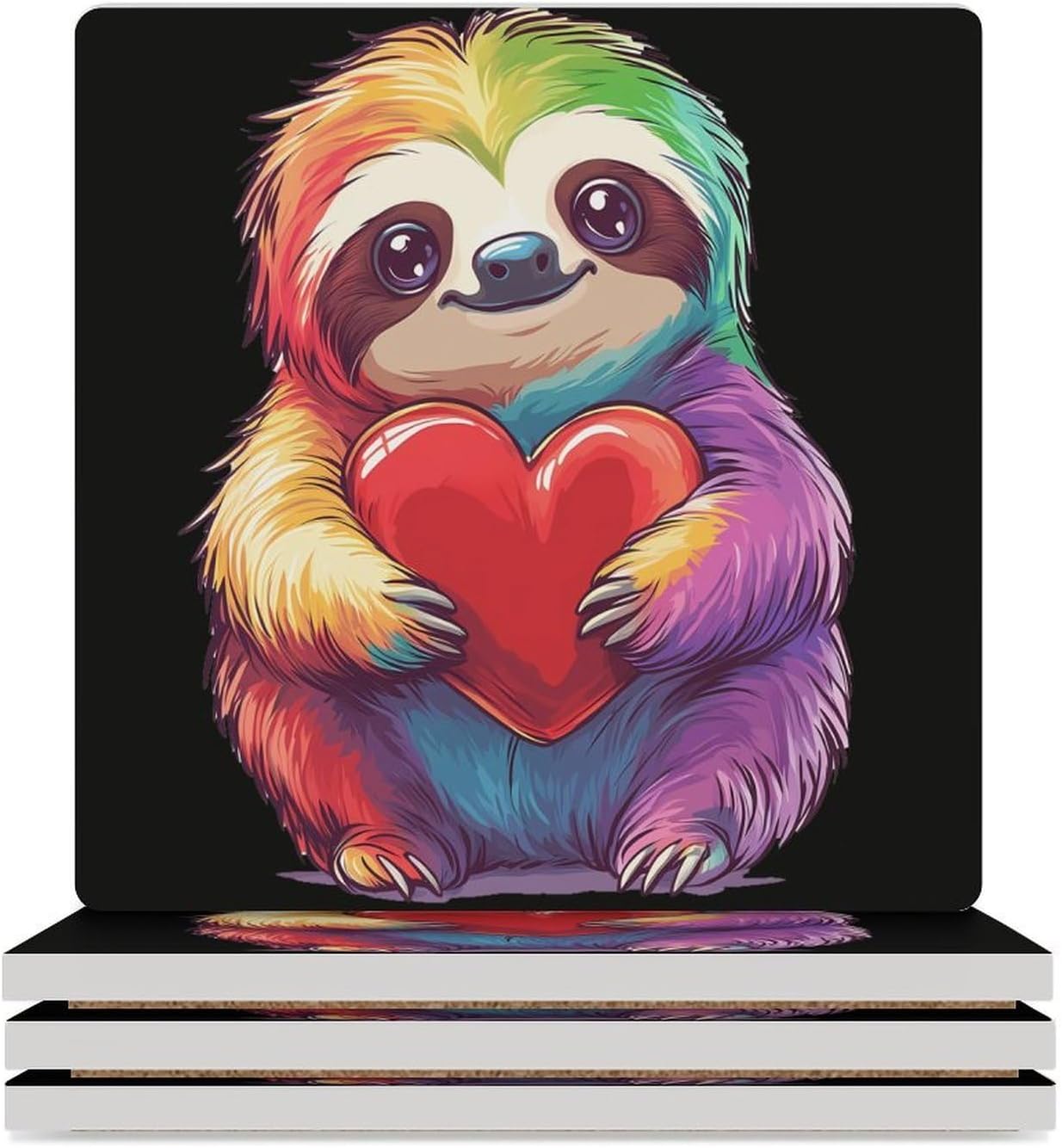 Colorful Sloth Heart Ceramic Coasters Set Square Drink Coasters Table Coaster for Kitchen Desktop Decor