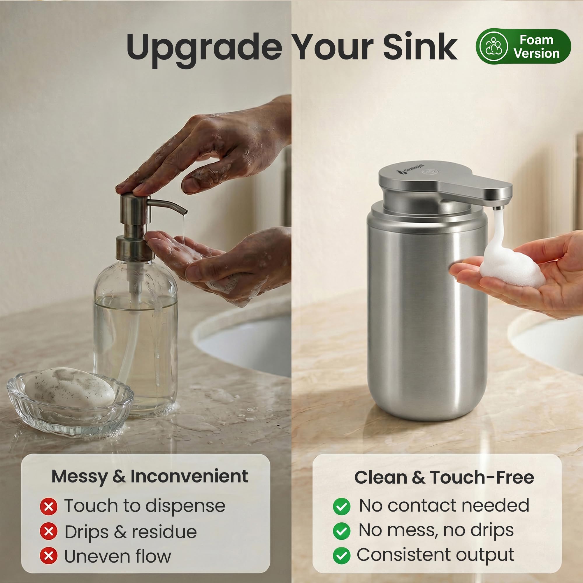 GentleJet SimpleFoam, dispenser automatico di sapone in schiuma, ricaricabile, senza contatto, per bagno o cucina, doppi livelli di schiuma, modalità di pulizia automatica (acciaio spazzolato, 350 ml)