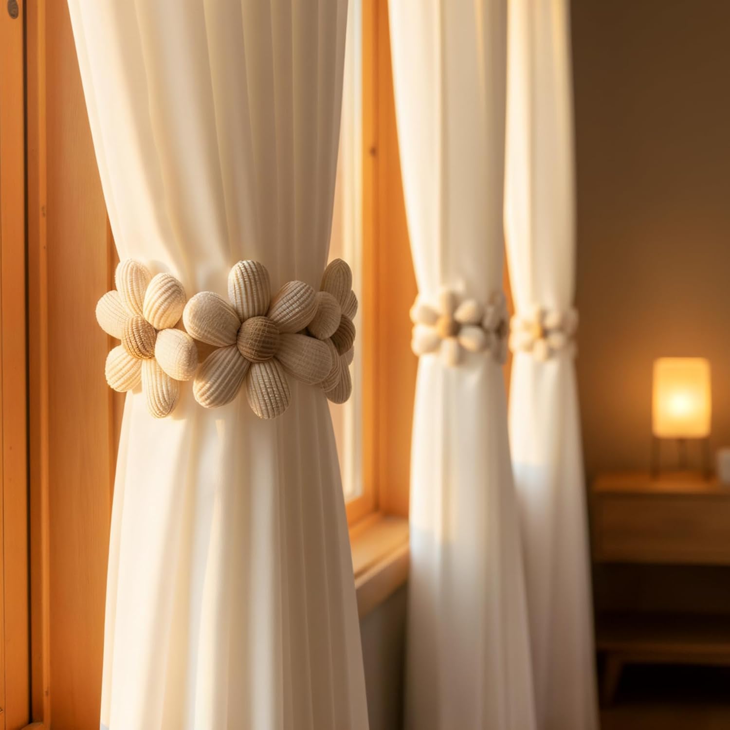 2 Pack Curtain Tiebacks with Snap Button and Elastic Elegant Daisy Curtain Ties Cute Home Decor for Living Room Bedroom Nursery Fit on Various Curtain Thicknesses and Styles (Cream, Three Flowers)