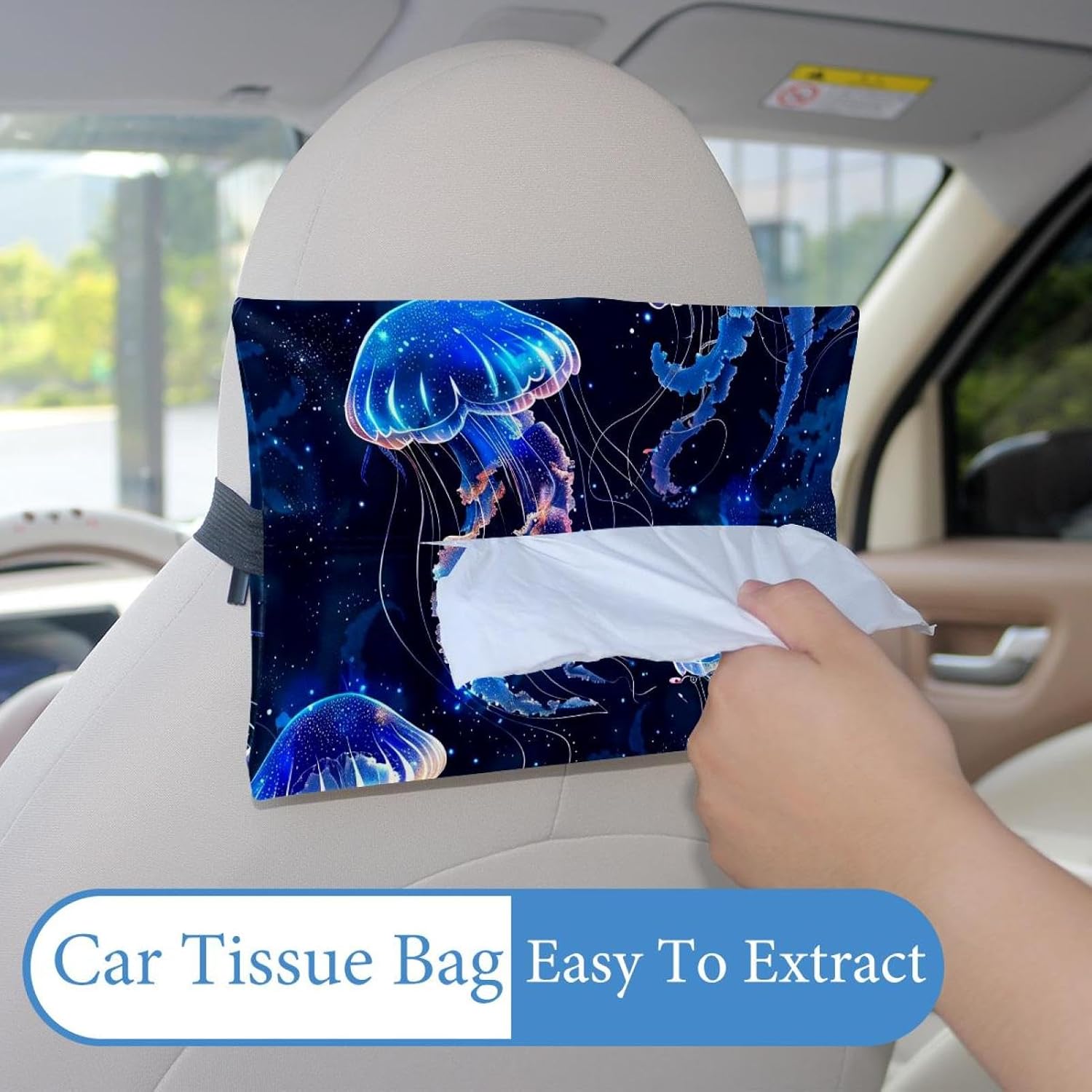 2 Pieces Tissues Purse Pocket Car Tissue Box Holder, Reusable Travel Car Visor Tissue Pouch Zipper Tissue Case for Vehicle Paper Storage (Starry Sky Jellyfish) image 2