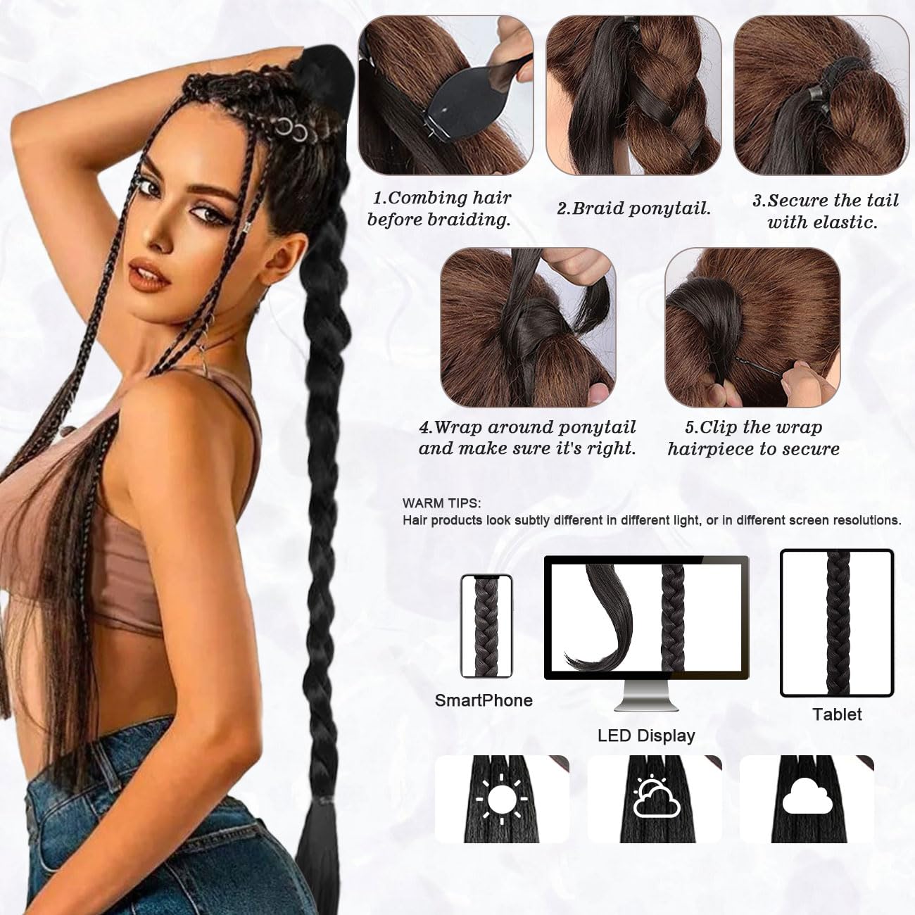 2 PCS 76 cm Estensioni intrecciate Coda di cavallo con elastico Cravatta, treccia lunga Accessori Parrucca Posticci Capelli lisci naturali Ponytail finta sintetiche Donne Quotidian, Nero