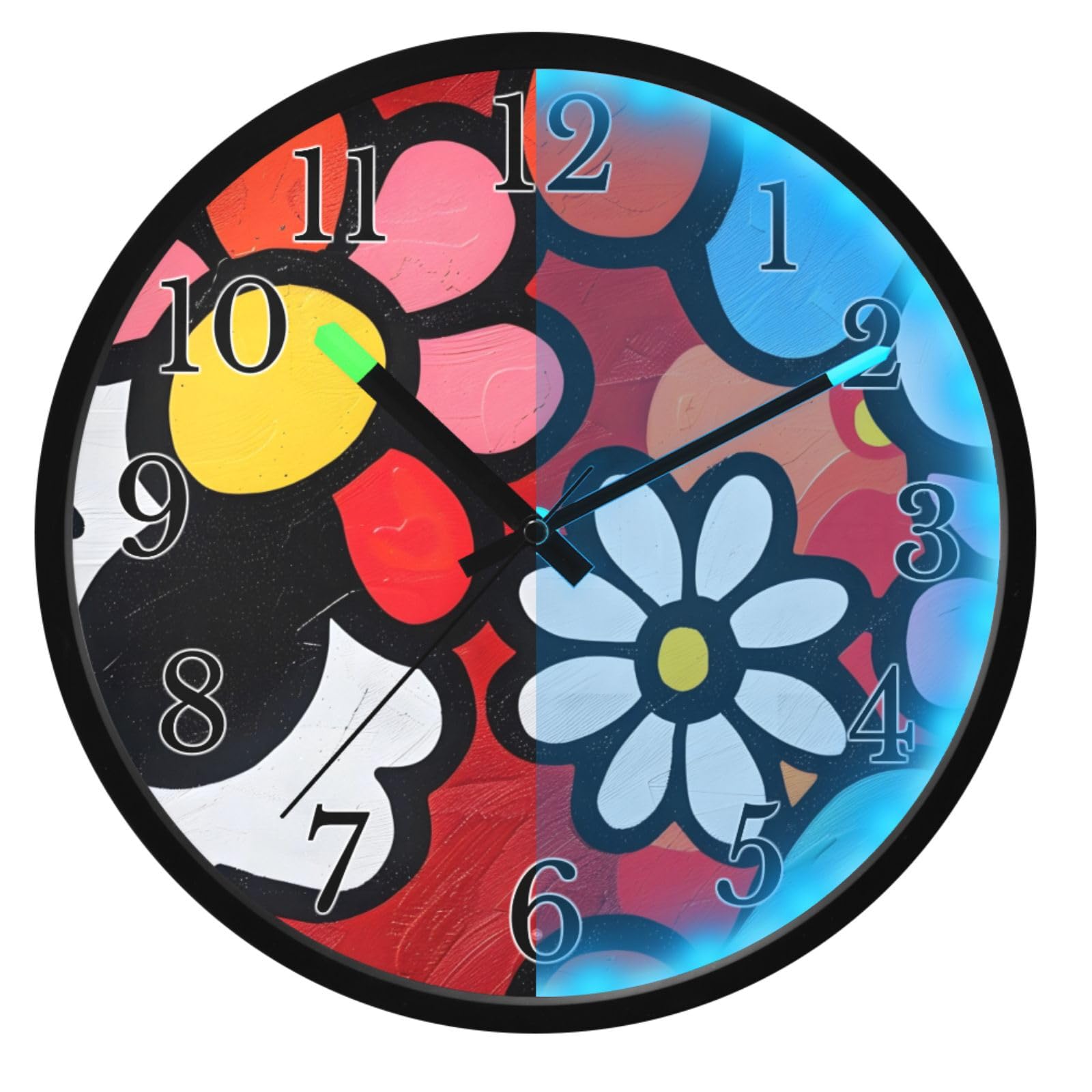 Mnsruu Reloj de pared infantil con diseño de garabatos florales luminosos para dormitorio, funciona con pilas, reloj silencioso que brilla en la oscuridad, para sala de estar, cocina, 12 pulgadas