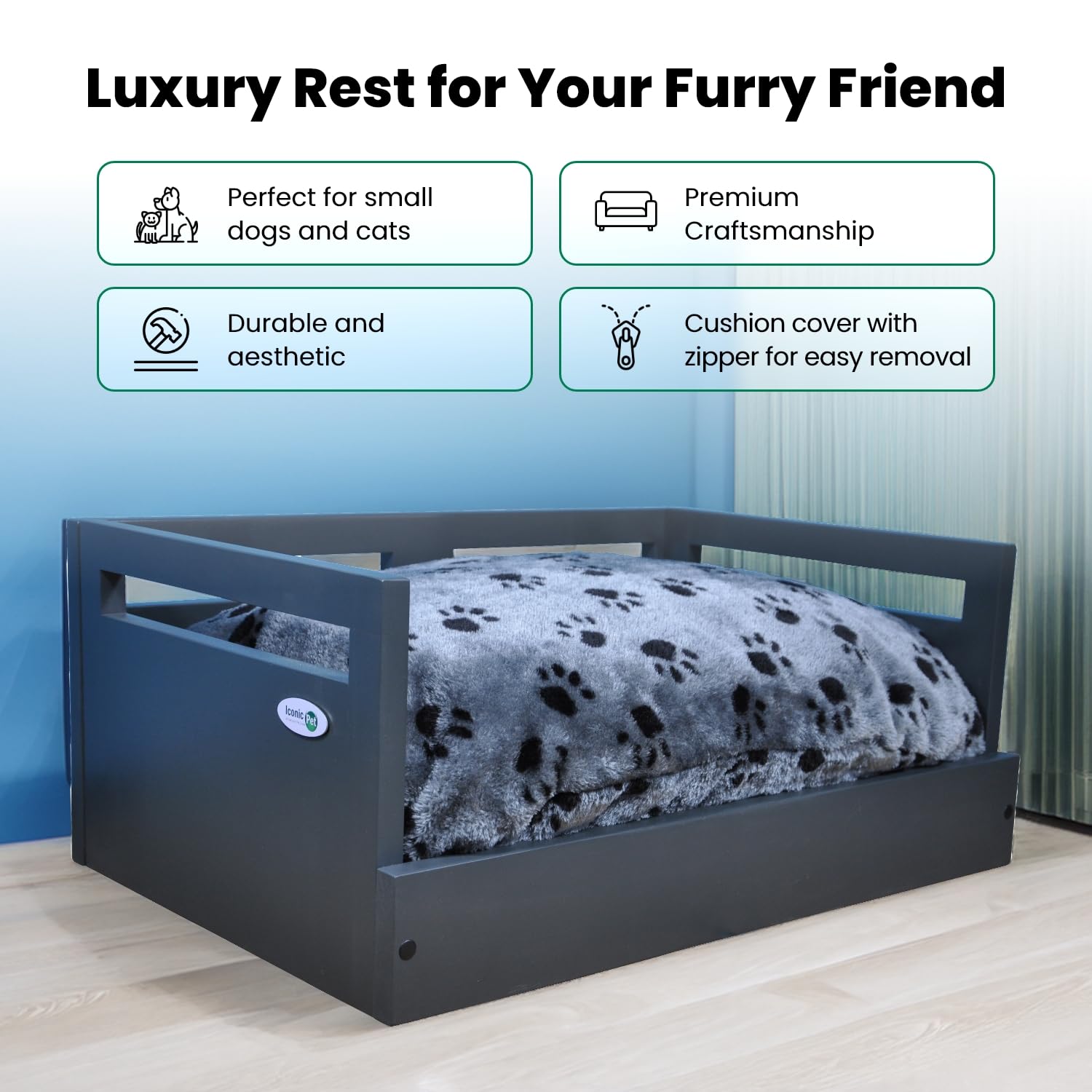 Iconic Pet Sassy Paws Mehrzweck-Hundebett Mit Futternapf – Aus Holz, Mit Stauraum
