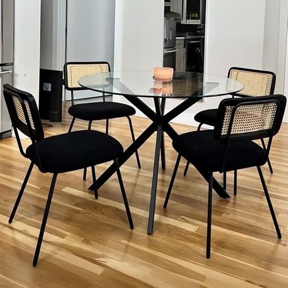 Hyfirm Black Rattan Dining Chairs Set of 2, Modern Chairs with Cane Back, Upholstered Boucle Kitchen Chairs, Armless Side Chairs with Metal Legs for Dining Room/Living Room, Black