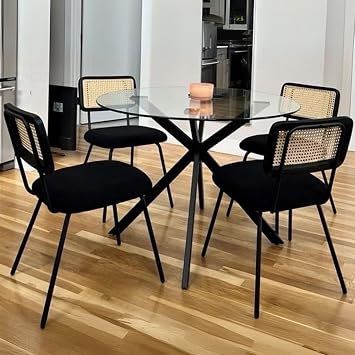 Hyfirm Black Rattan Dining Chairs Set of 2, Modern Chairs with Cane Back, Upholstered Boucle Kitchen Chairs, Armless Side Chairs with Metal Legs for Dining Room/Living Room, Black