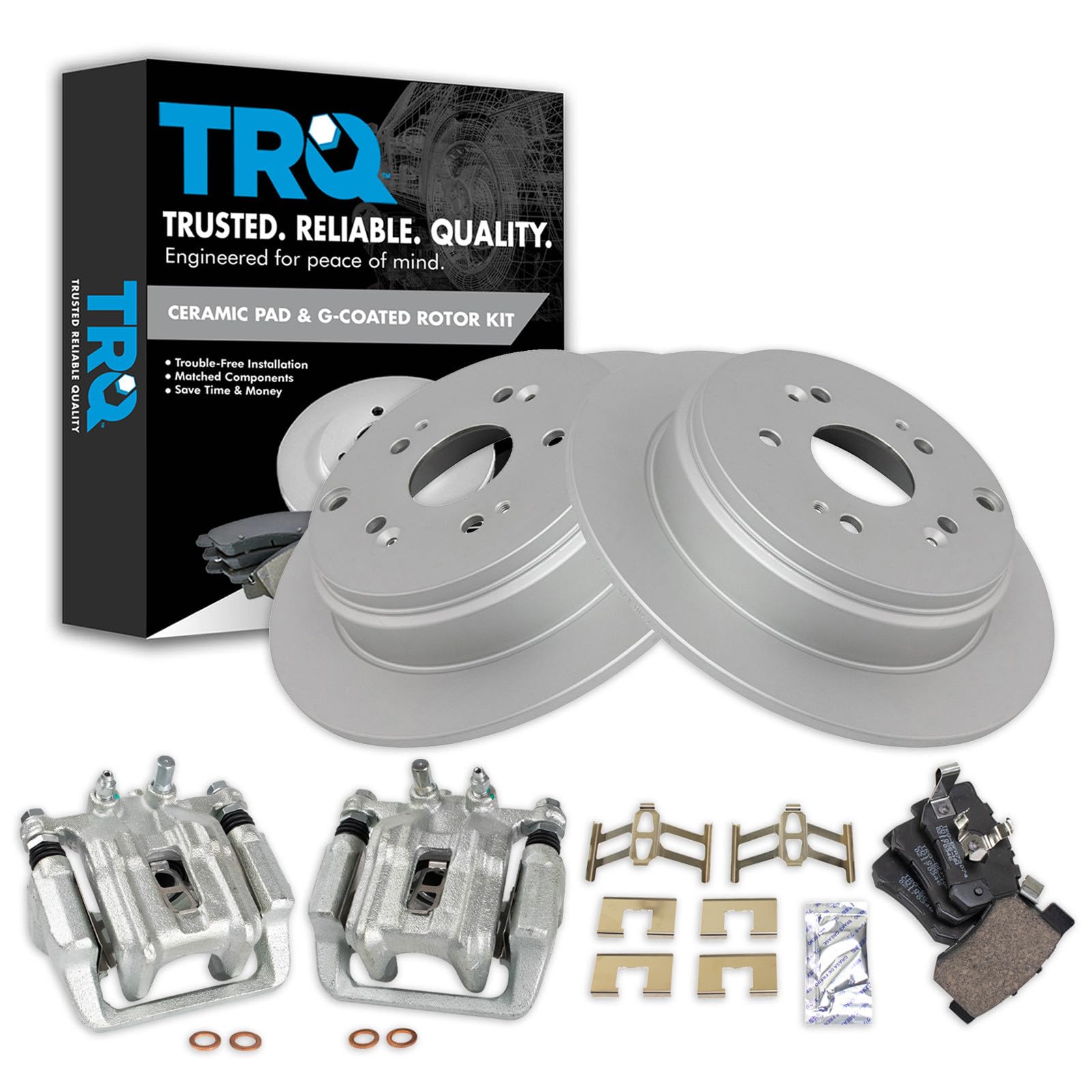 TRQ Rear Brake Pad and Rotor Set Ceramic G Coated Rotors Calipers