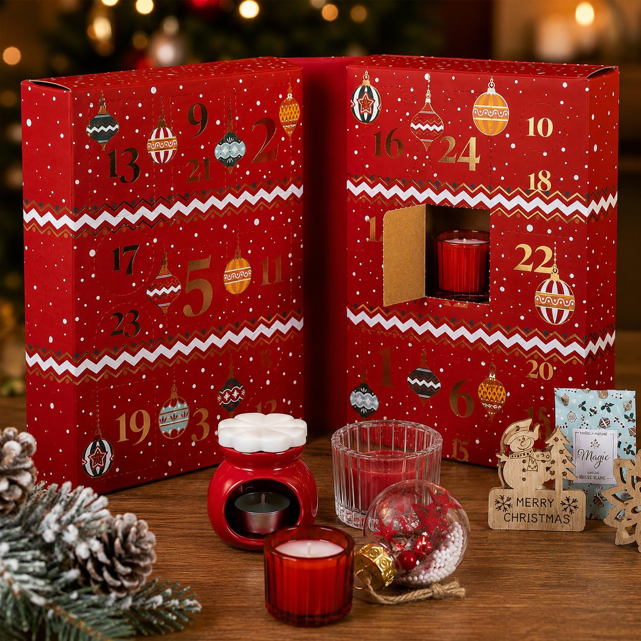 Großer Weihnachts-Adventskalender mit 24 Überraschungen – Kerzen und Weihnachtsdekoration – Adventskalender für Erwachsene – Für Frauen und Männer – 34 x 25 x 14 cm – Rot