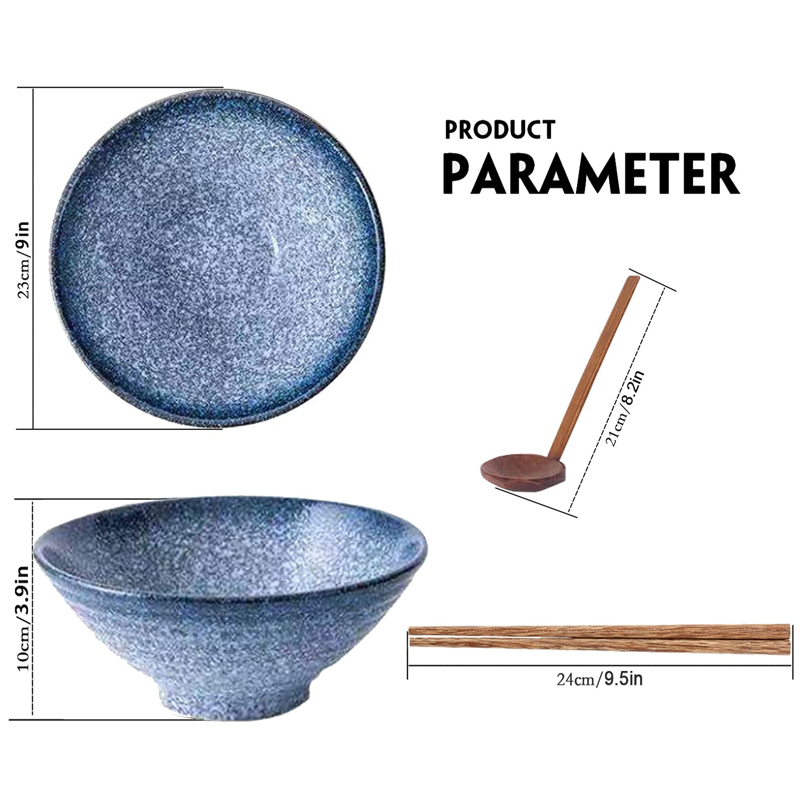 Ciotola da zuppa giapponese in ceramica da 22,9 cm, per ramen e noodle, 2 set (6 pezzi) da 1600 ml, ciotola multiuso con cucchiaio e bacchette abbinate, per spaghetti istantanei, zuppe (Blu)