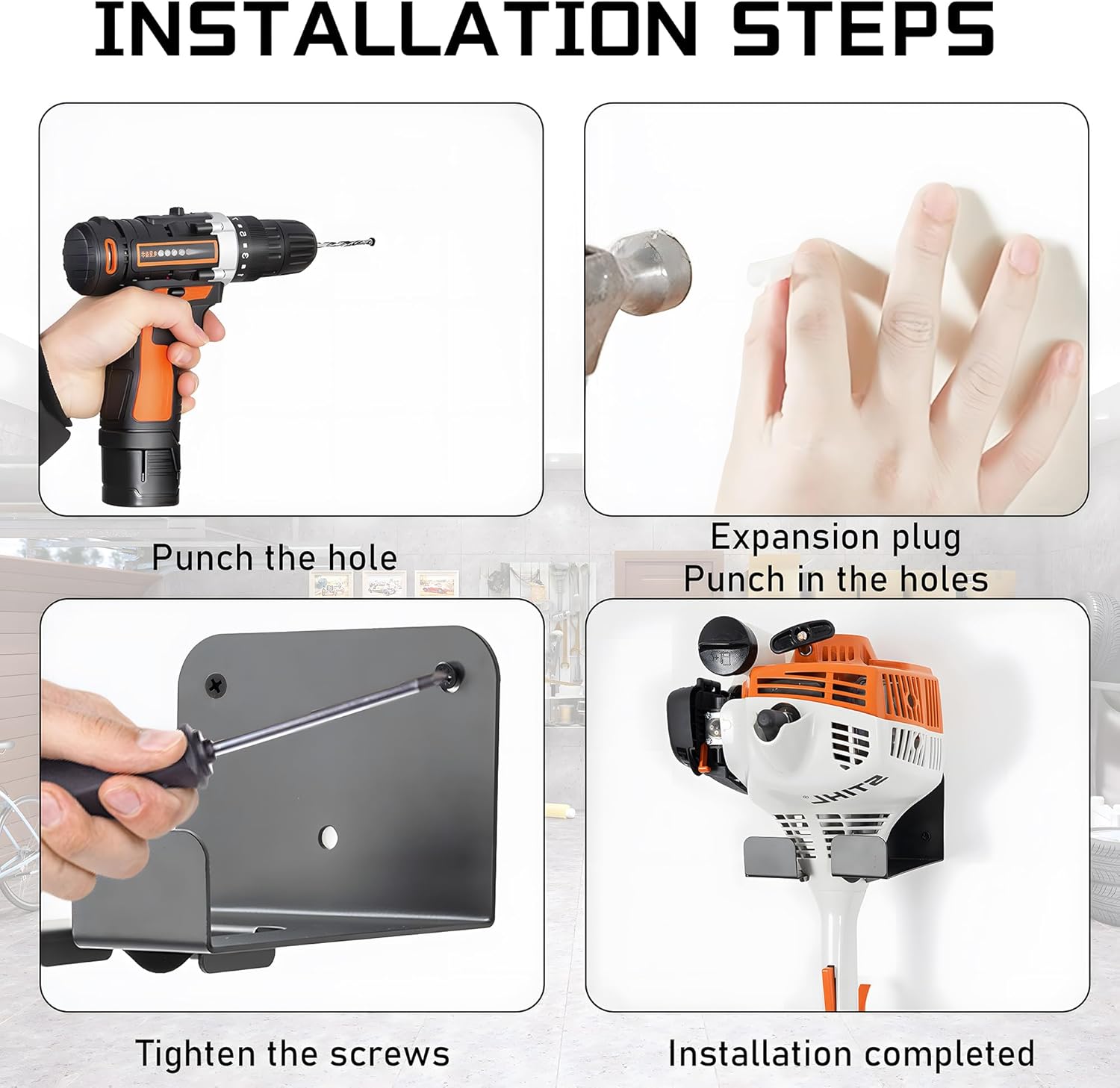 Weedeater Hanger, 2 Pack Weed Eater Hanger for Garage Wall-mounted Organizer Trimmer Rack Storage for Grass Trimmer, Hedge Trimmer, Garage Wall, Garden Tools, Black